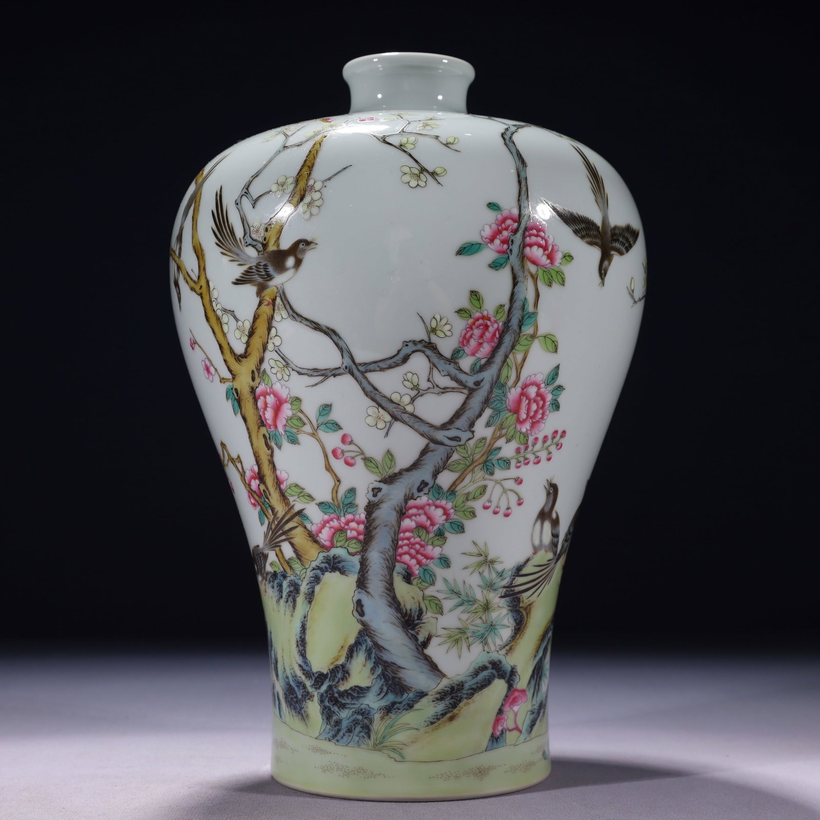 An Exquisite Famille-Rose Flower and Bird Pattern Vase,with poem: An Exquisite Famille-Rose Flower and Bird Pattern Vase,with poem,Qing Dynasty,China,Yongzheng Six-character Mark,Size:6.7inx12.2in,Weight:2000g 粉彩花鸟纹瓶,带