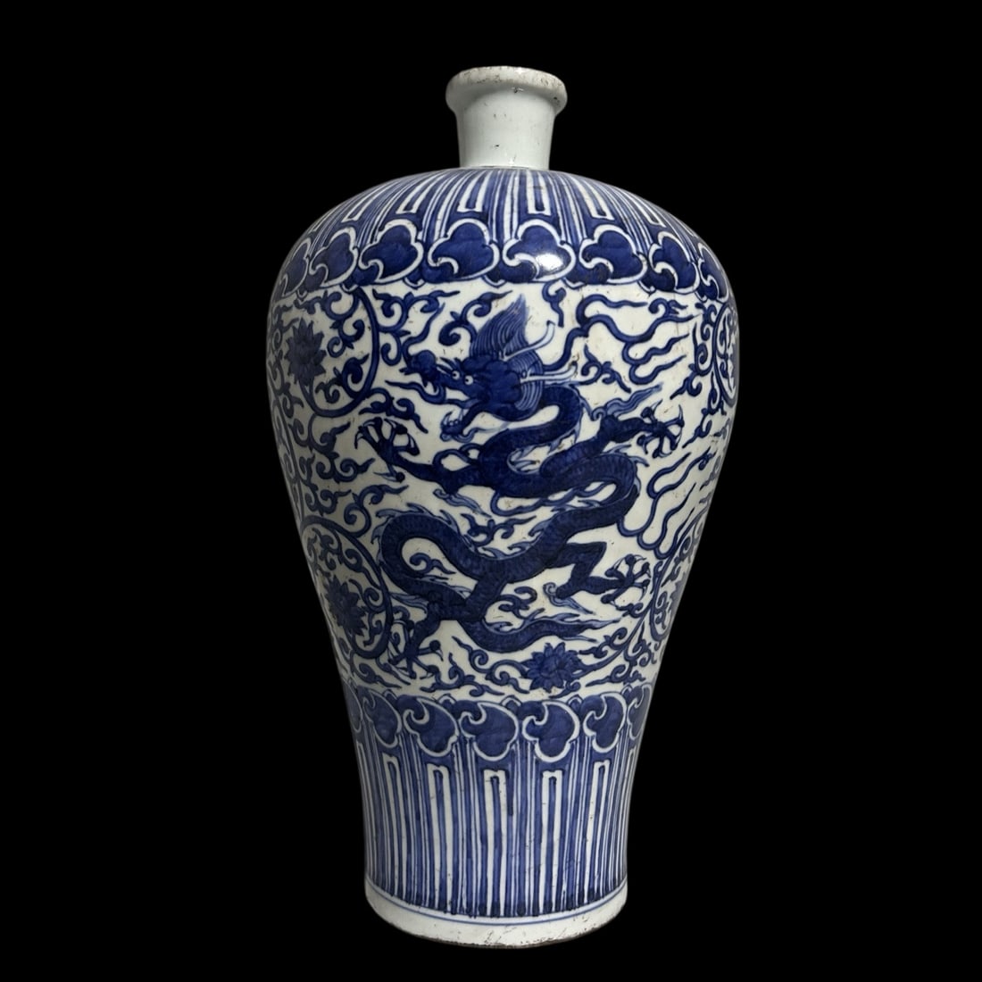 A Rare Blue and White Lotus and Dragon Pattern Vase: A Rare Blue and White Lotus and Dragon Pattern Vase,Ming Dynasty,China,Wanli Six-character Mark,Size:13.2inx5.9in