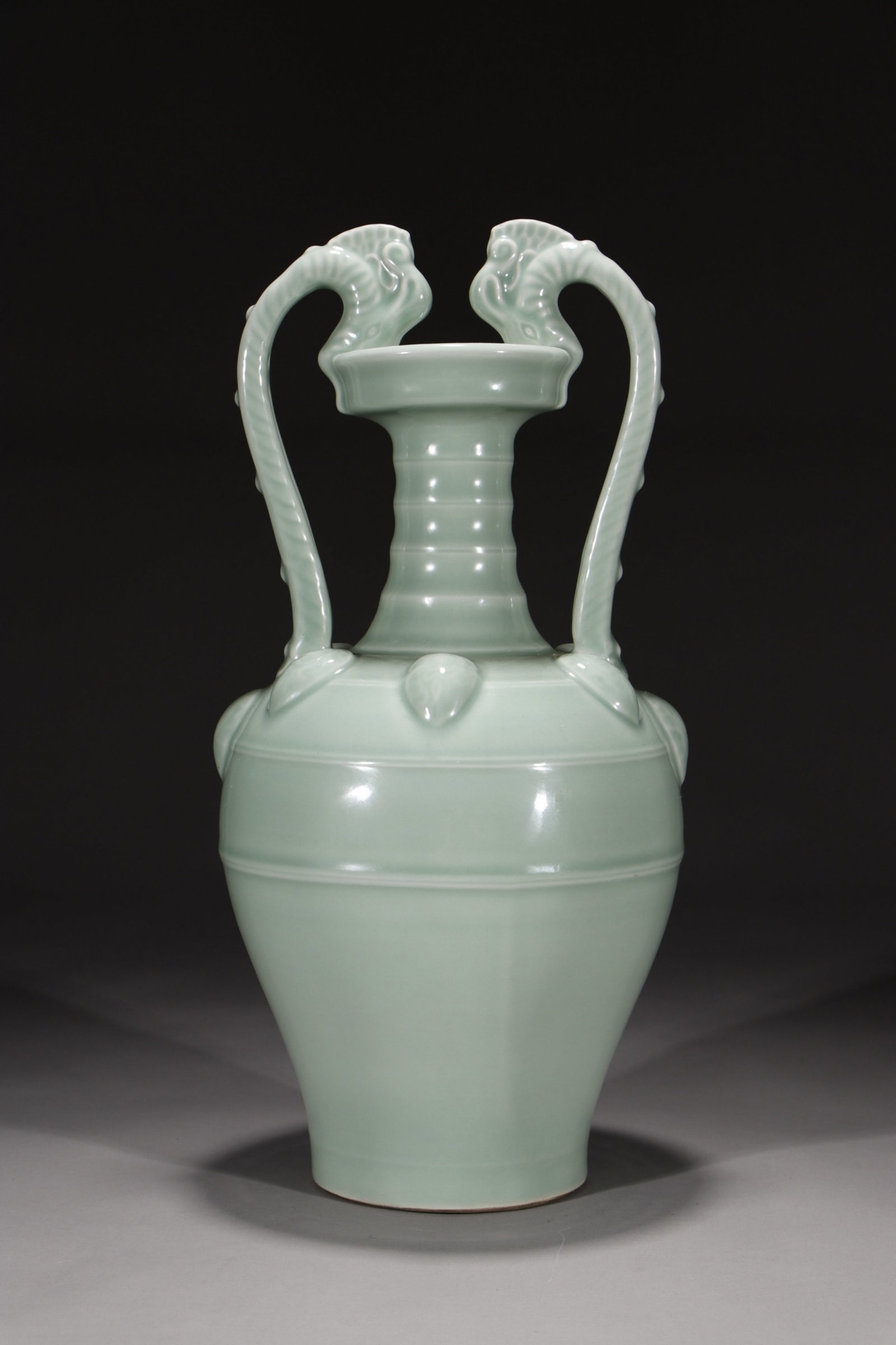 A Huge Celadon Glazed Double-Ears Vase: A Huge Celadon Glazed Double-Ears Vase,Qing Dynasty,China,Yongzheng Six-character Mark,Size:16.8in 粉青釉双耳瓶,中国清代,雍正
