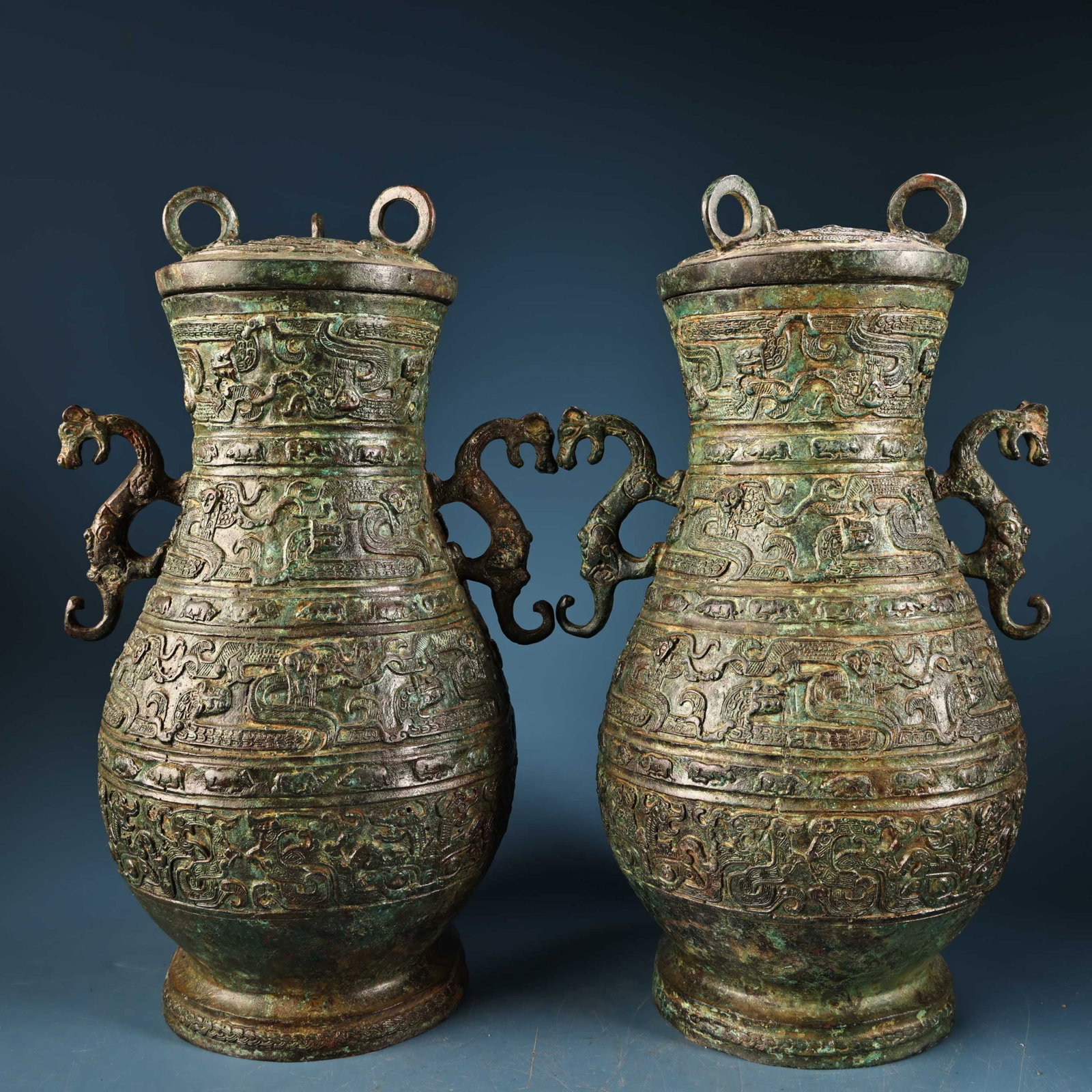 A Pair of Exquisite Bronze Chi-Dragon Pattern Dragon-Ears Vases: A Pair of Exquisite Bronze Chi-Dragon Pattern Dragon-Ears Vases,the Warring States period in China,Size:12.6inx7.5in,Weight:3400g