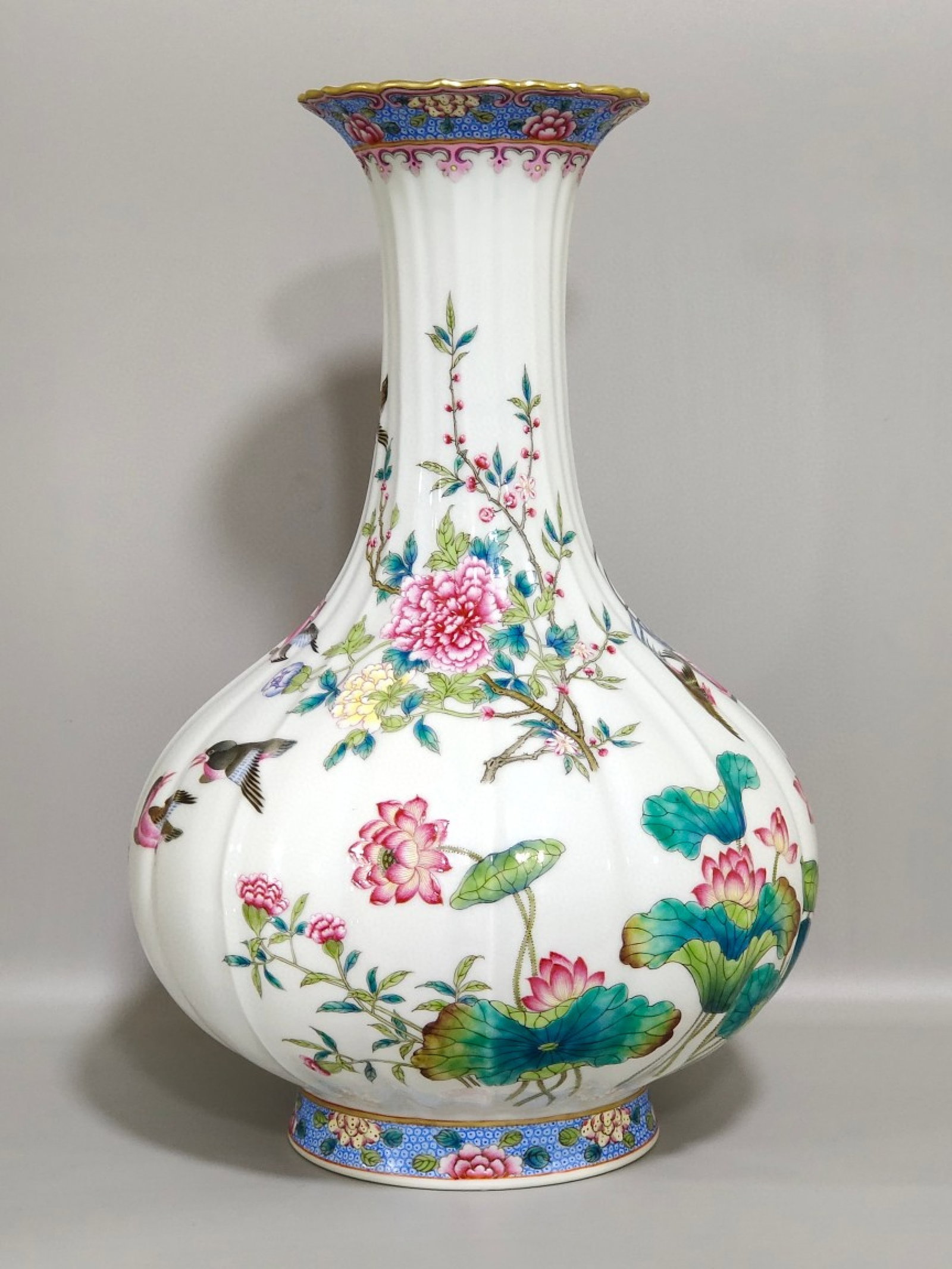 A Rare Famille-Rose Flower and Bird Pattern Vase,with poem: A Rare Famille-Rose Flower and Bird Pattern Vase,with poem,Qing Dynasty,China,Qianlong Six-character Mark,Size:12.6inx7.9in