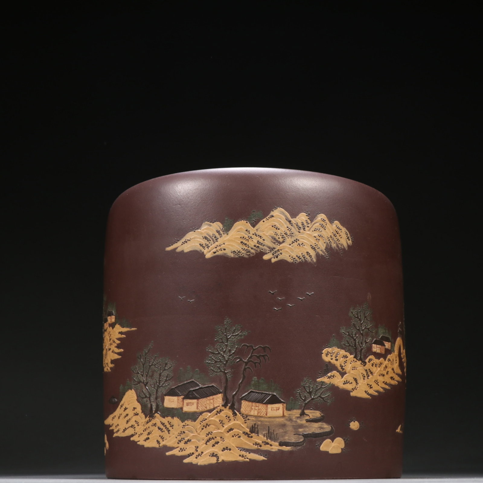 A Rare Purple Sands Painted Color Landscape Pattern Brush Pot: A Rare Purple Sands Painted Color Landscape Pattern Brush Pot,Qing Dynasty,China,Yang Jichu Mark,Size:7.1inx6.7in