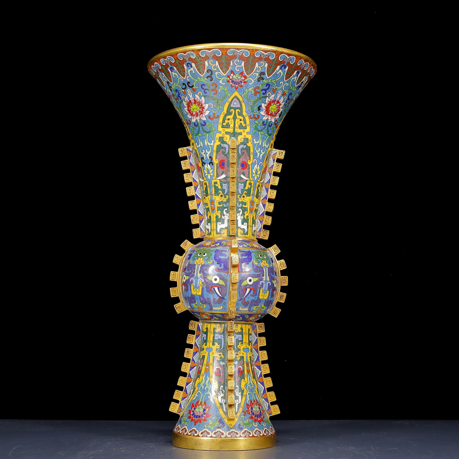 A Huge Cloisonne Beast-Face Pattern Vase: A Huge Cloisonne Beast-Face Pattern Vase,Qing Dynasty, China,Qianlong Four-character Mark,Size:7.5inx16.5in,Weight:5155g 景泰蓝兽面纹瓶，清代