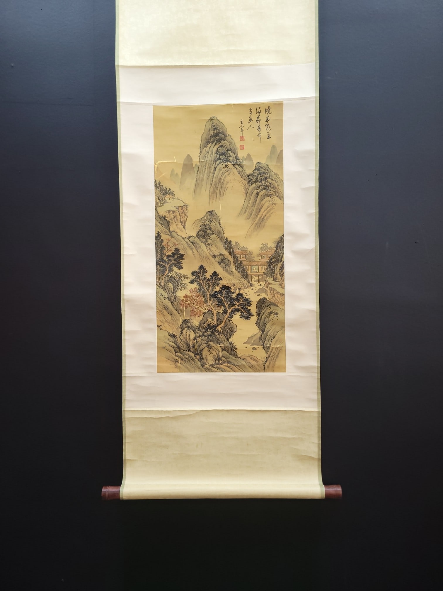 A Chinese Vertical Scroll Ink Painting of Landscape on Silk,Dong Qichang: A Chinese Vertical Scroll Ink Painting of Landscape on Silk,Dong Qichang,Size:(Without frame)13.8inx28.5in 一幅中国水墨绢本山水画ĺ