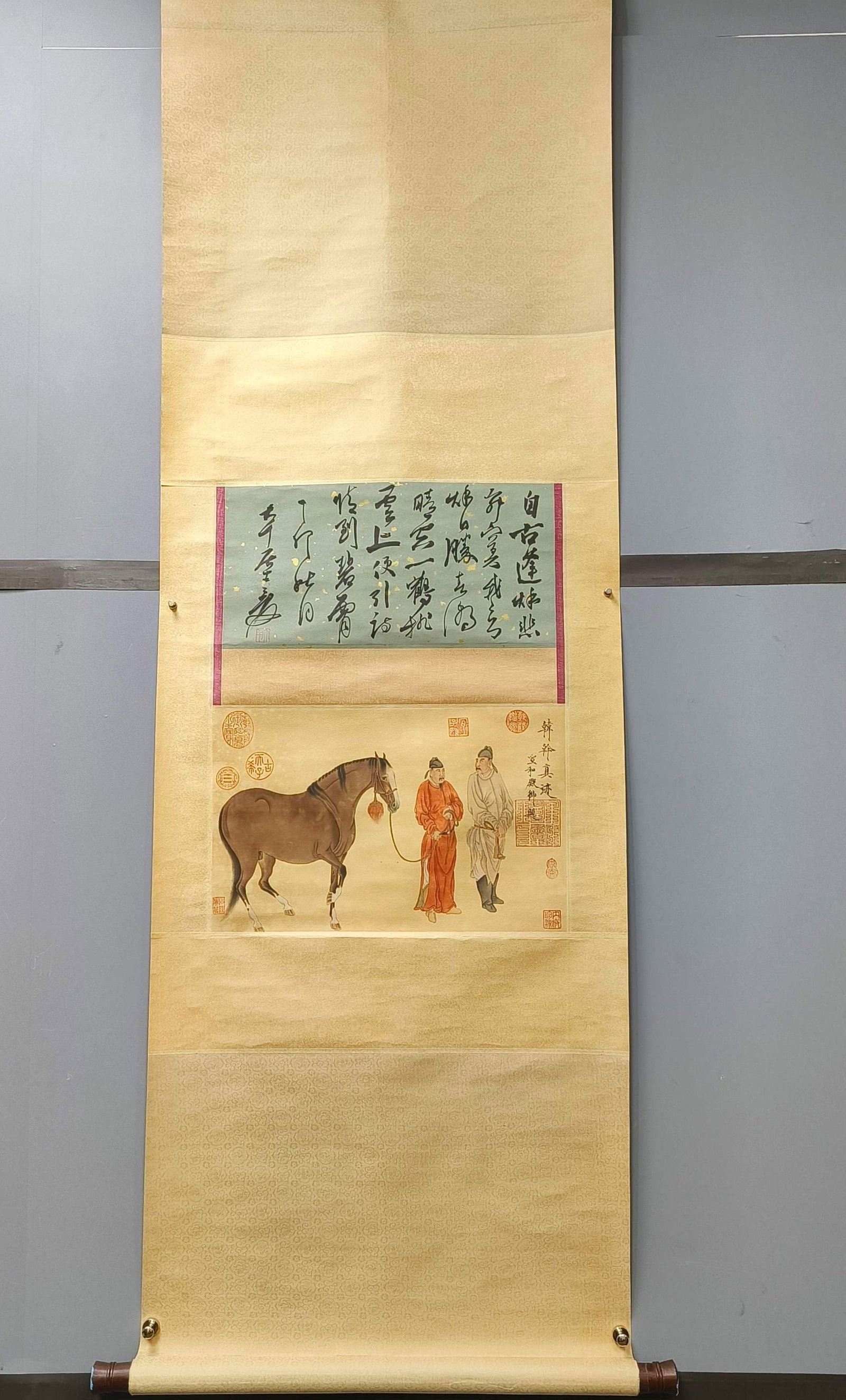 A Chinese Vertical Scroll Ink Painting of Figure Riding Horse on Paper: A Chinese Vertical Scroll Ink Painting of Figure Riding Horse on Paper,Han Gan,Size:11inx17.7in 一幅中国水墨人物骑马画立轴