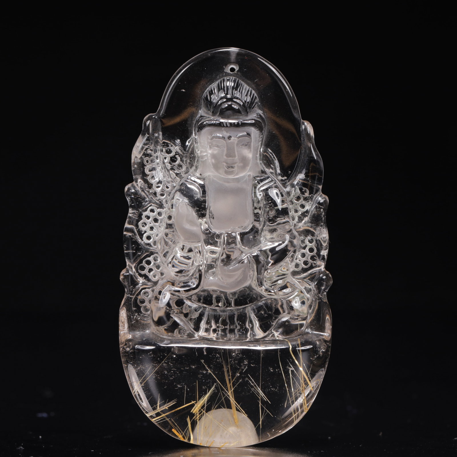 An Exquisite Crystal Statue of Avalokitesvara Pendant: An Exquisite Crystal Statue of Avalokitesvara Pendant,Size:2inx0.6inx3.5in,Weight:75g 水晶观音挂件