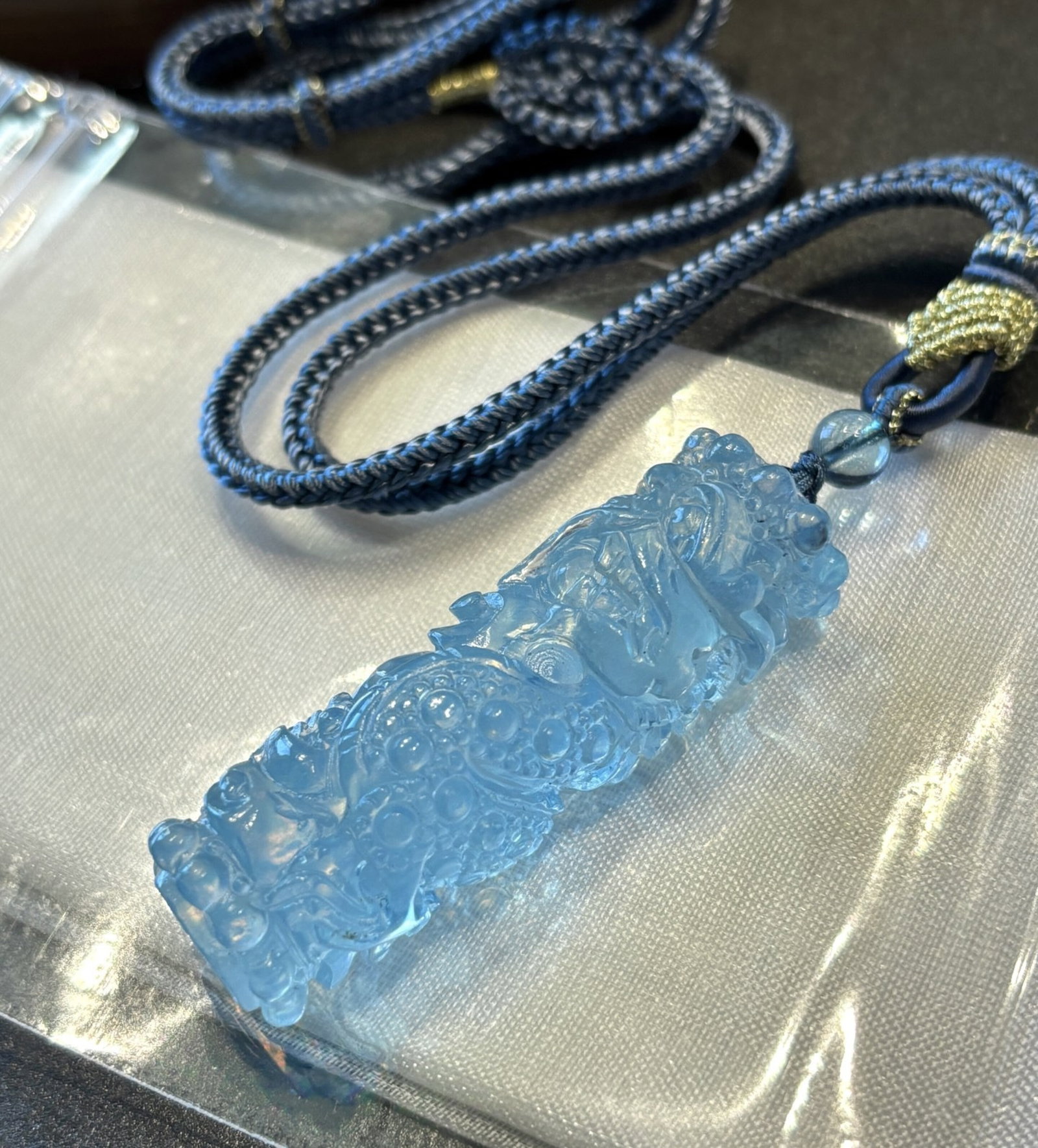 An Exquisite Aquamarine Dragon Pattern Necklace: An Exquisite Aquamarine Dragon Pattern Necklace,Size:2inx0.7in,Weight:26.4g 海蓝宝龙纹项链