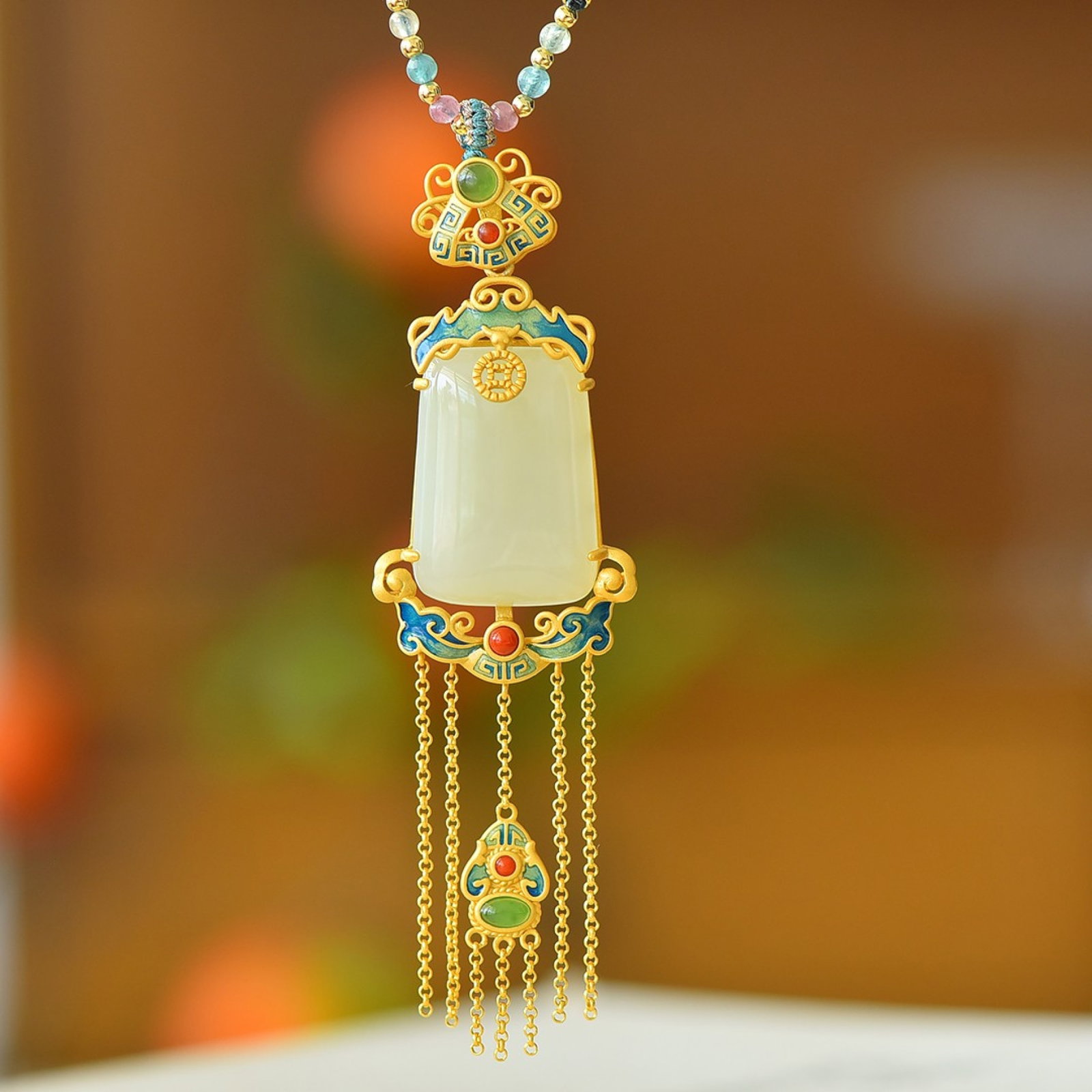 An Exquisite Sterling Silver-Gold Plated Inlaid White Jade Enamel Pendant: An Exquisite Sterling Silver-Gold Plated Inlaid White Jade Enamel Pendant,Size:0.7inx1.1in 纯银镀金镶白玉珐琅吊坠