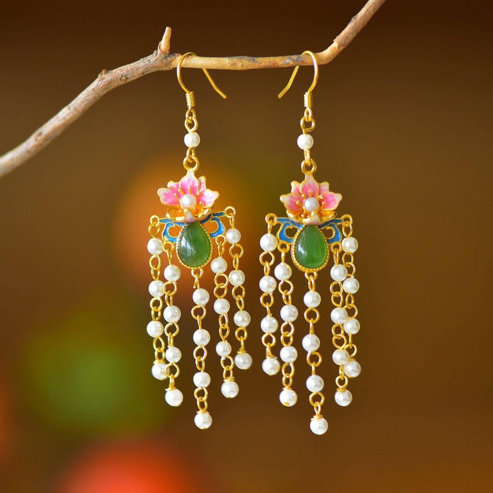 A Pair of Exquisite Sterling Silver-Gold Plated Inlaid Jasper Enamel Earrings,Inlaid Pearl: A Pair of Exquisite Sterling Silver-Gold Plated Inlaid Jasper Enamel Earrings,Inlaid Pearl,Size:0.2inx0.4in