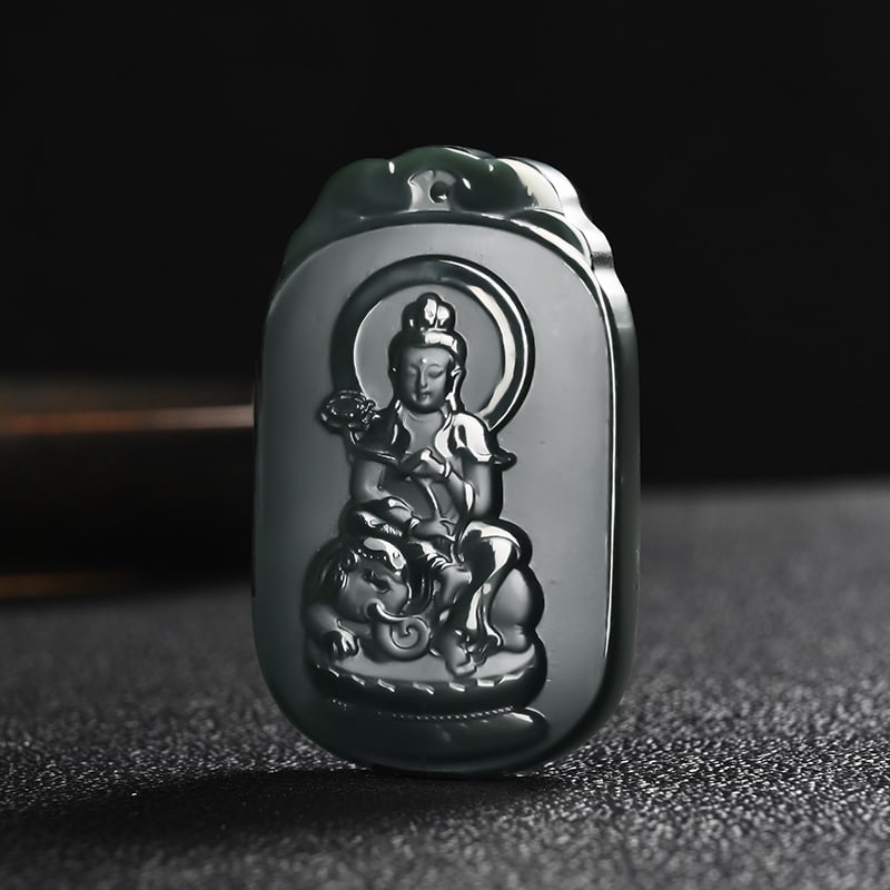 An Exquisite Cyan jade Statue of Samantabhadra Pendant: An Exquisite Cyan jade Statue of Samantabhadra Pendant,Size:2.1inx1.4inx0.3in 青玉普贤菩萨像挂件