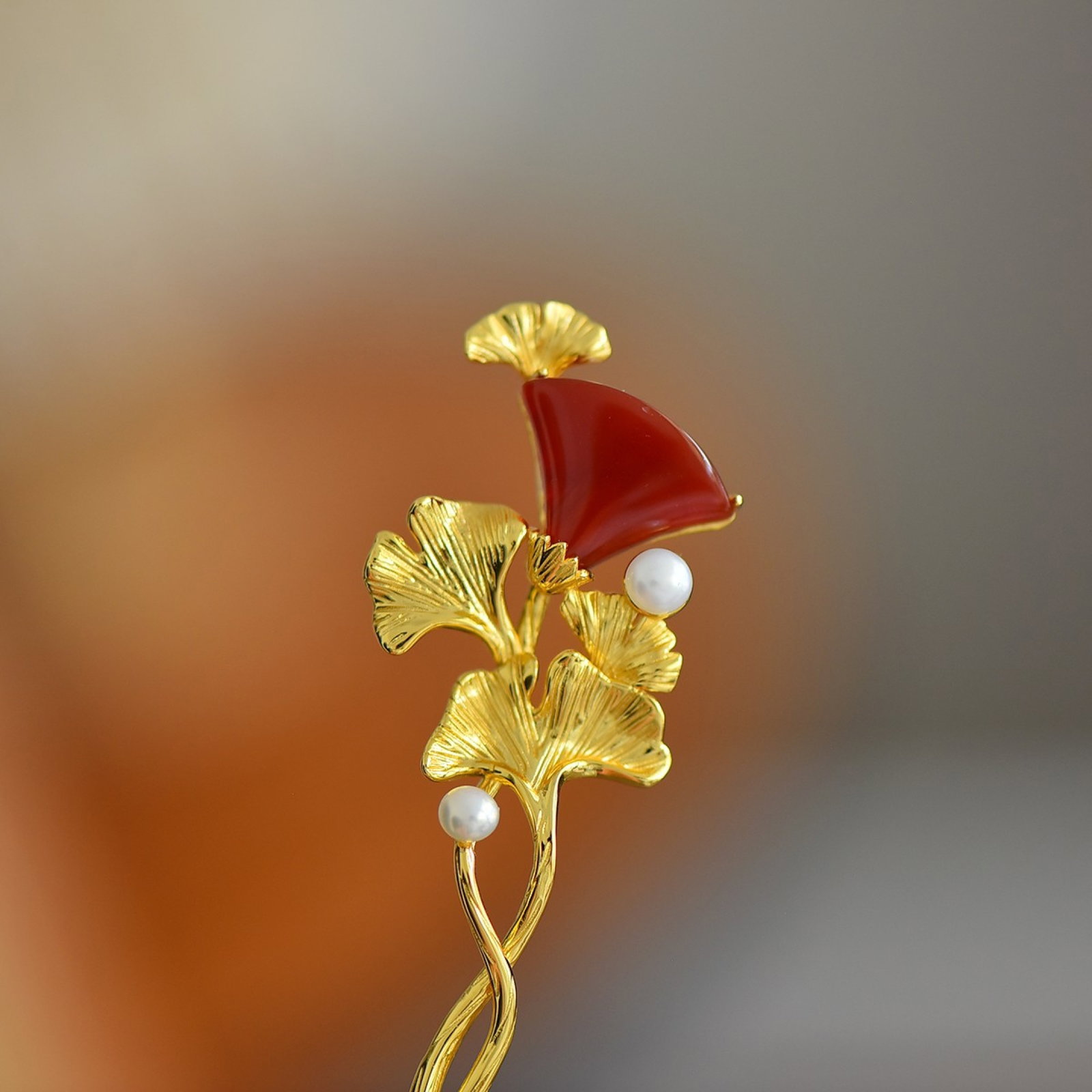 An Exquisite Sterling Silver-Gold Plated Inlaid Agate Hairpin,Inlaid Pearls (1 of 5)