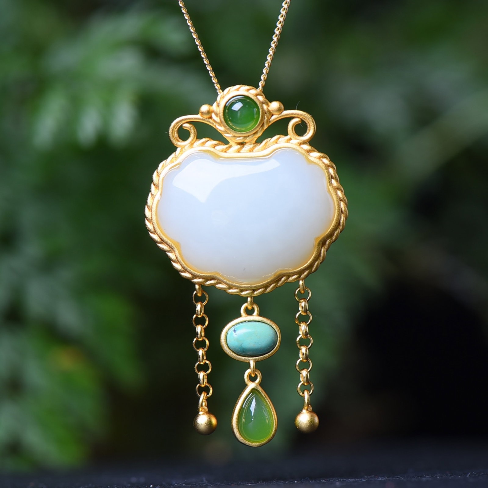 An Exquisite Sterling Silver-Gold Plated Inlaid White Jade Pendant: An Exquisite Sterling Silver-Gold Plated Inlaid White Jade Pendant,Size:0.6inx0.8in 纯银镀金镶白玉吊坠