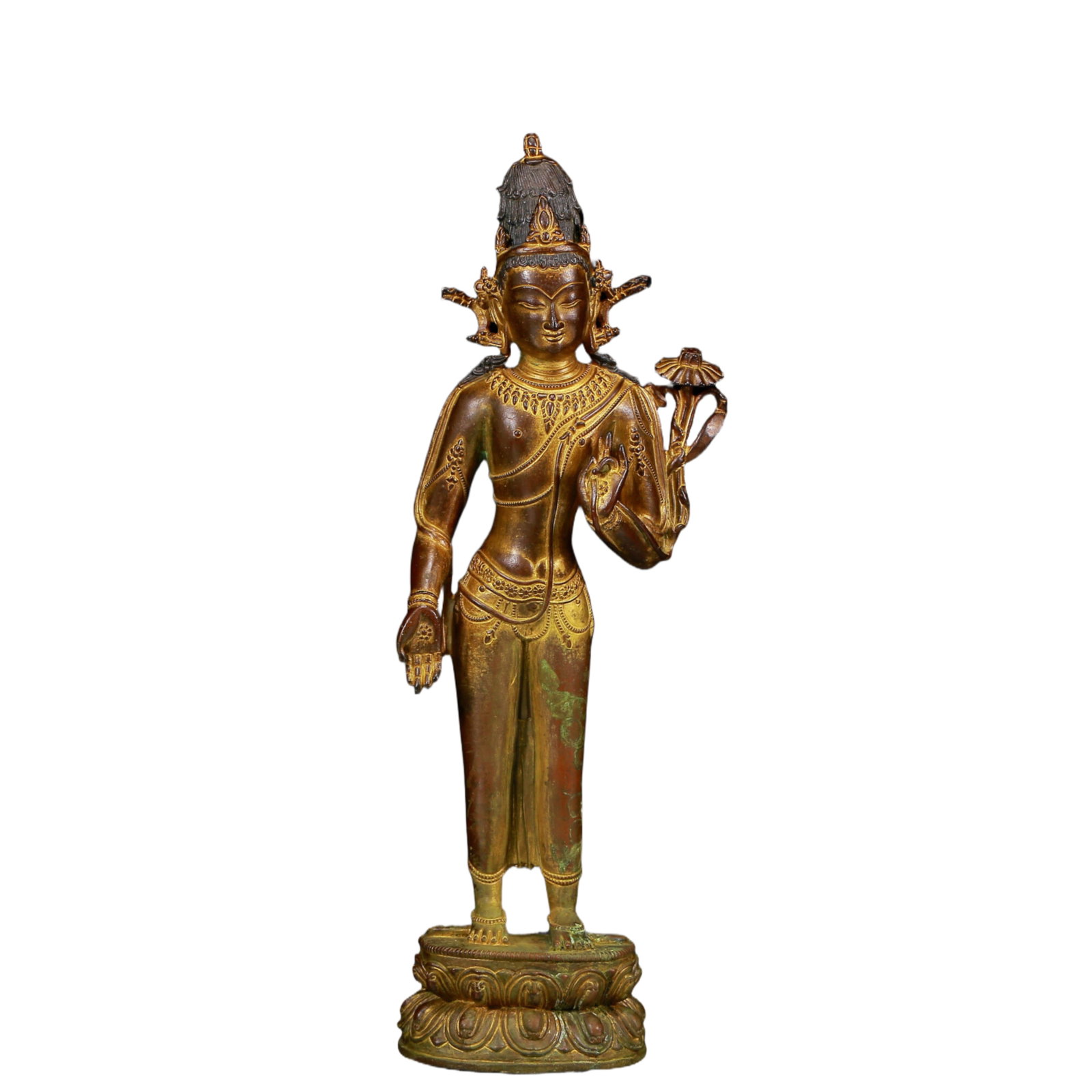 A Solemn Gilt Bronze Statue of Avalokitesvara: A Solemn Gilt Bronze Statue of Avalokitesvara,Ming Dynasty, China,Size: 3.7inx2.8inx14.2in,Weight:2195g 铜鎏金观音像，明代