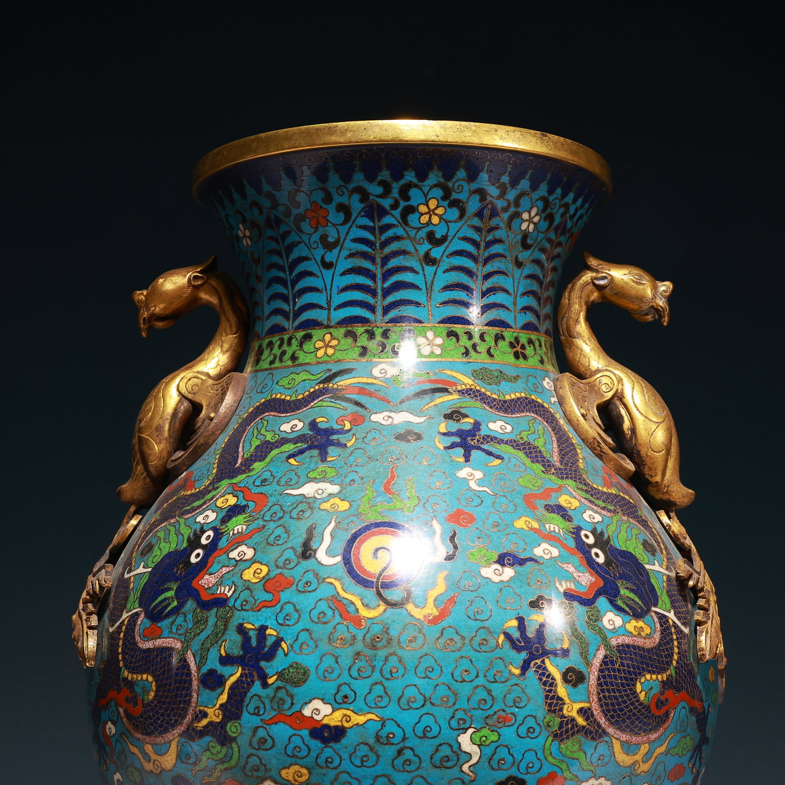 A Rare Cloisonne Auspicious Cloud and Dragon Pattern Phoenix-Ears Vase - 2