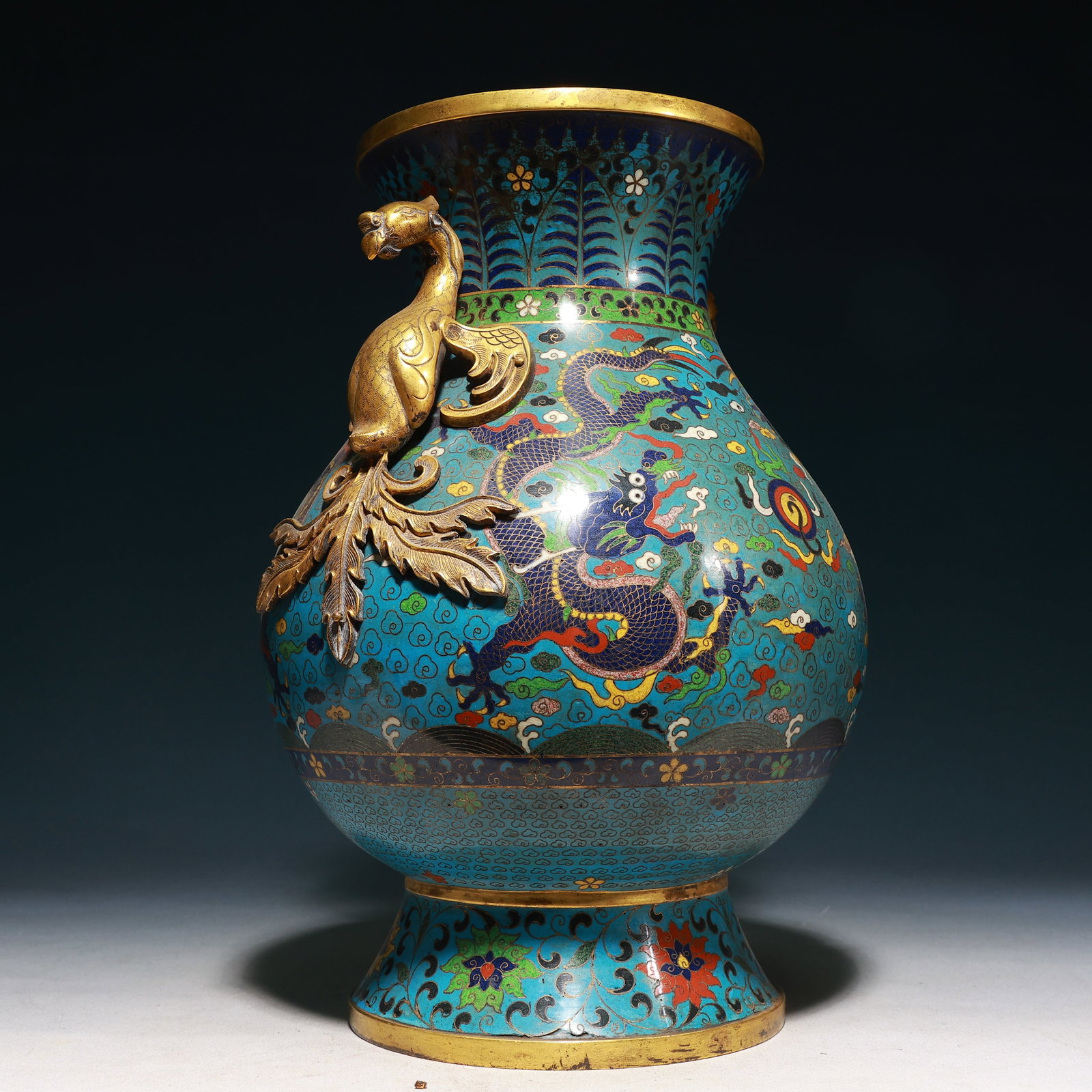 A Rare Cloisonne Auspicious Cloud and Dragon Pattern Phoenix-Ears Vase - 7