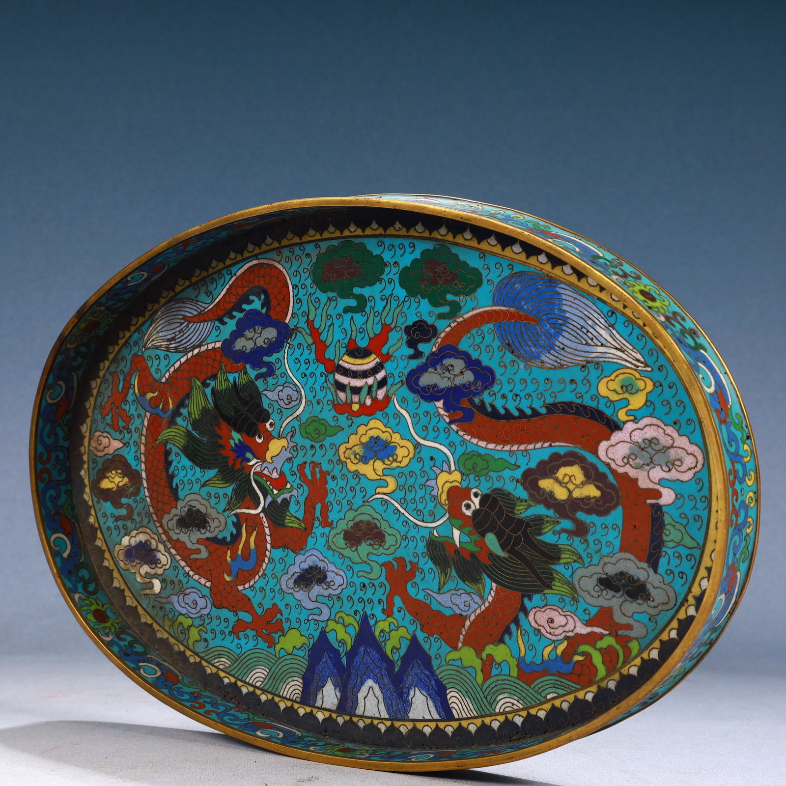 A Rare Cloisonne Auspicious Cloud and Dragon Pattern Plate - 4