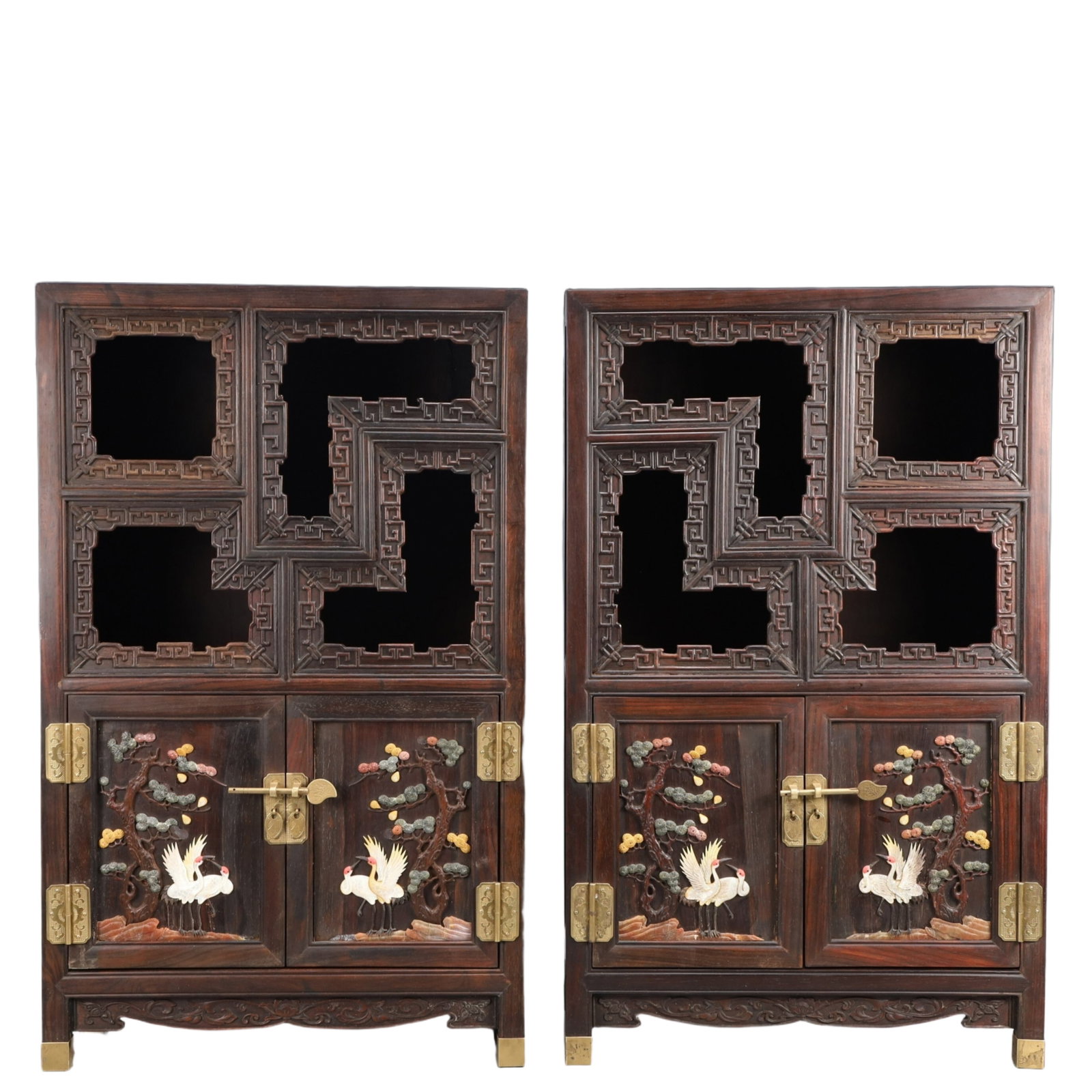A Pair of Rare Zitanwood Inlaid Gems Pine and Crane Pattern Cabinets: A Pair of Rare Zitanwood Inlaid Gems Pine and Crane Pattern Cabinets,Qing Dynasty, China,Size:15.7inx7.1inx25.6in,Total Weight:17250g 一对紫檀木嵌百宝&#