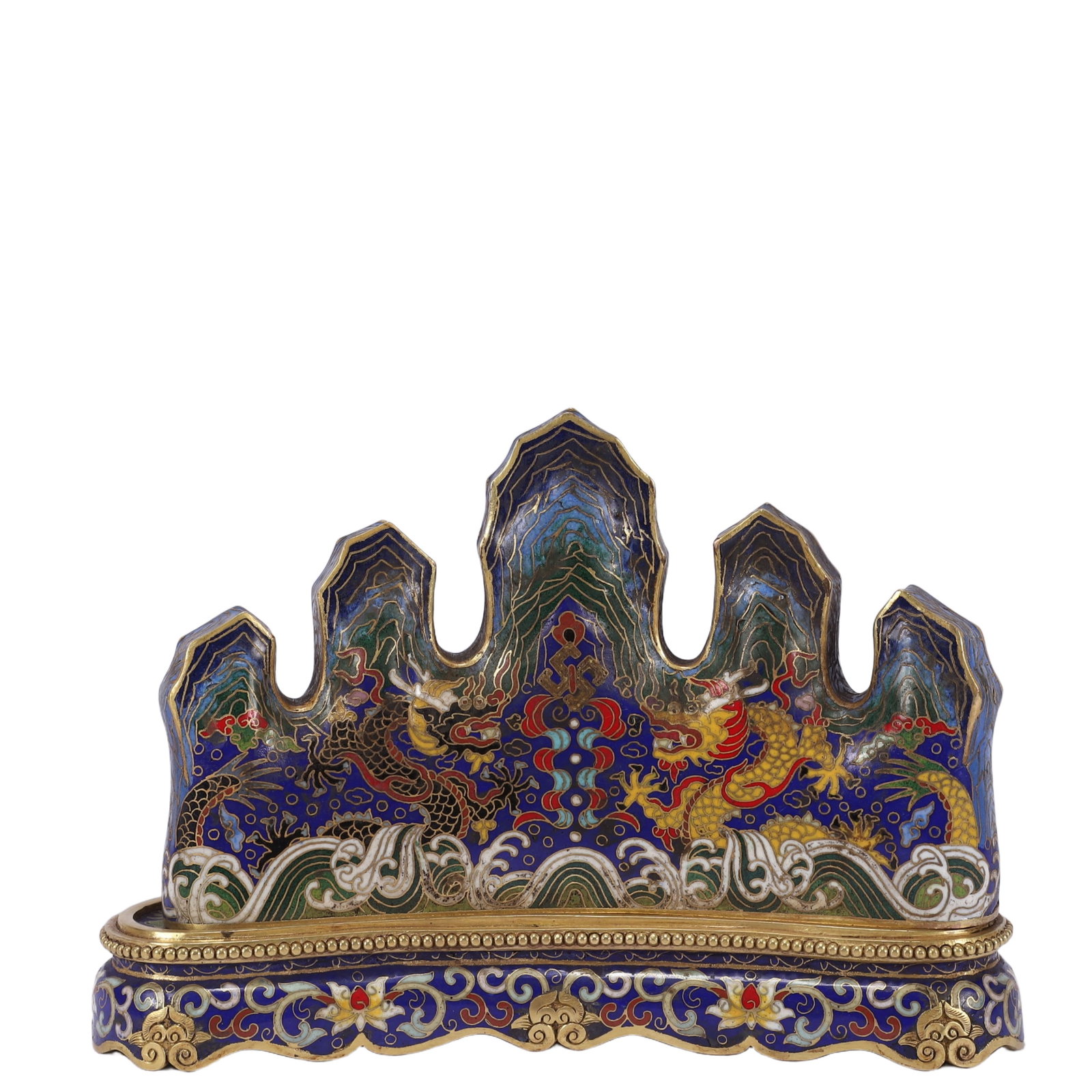An Exquisite Cloisonne Seawater and Dragon Pattern Rockery Brush Holder: An Exquisite Cloisonne Seawater and Dragon Pattern Rockery Brush Holder,Qing Dynasty, China,Qianlong Six-character Mark,Size:9.1inx2.4inx6.3in,Weight:2900g 景泰蓝海水(
