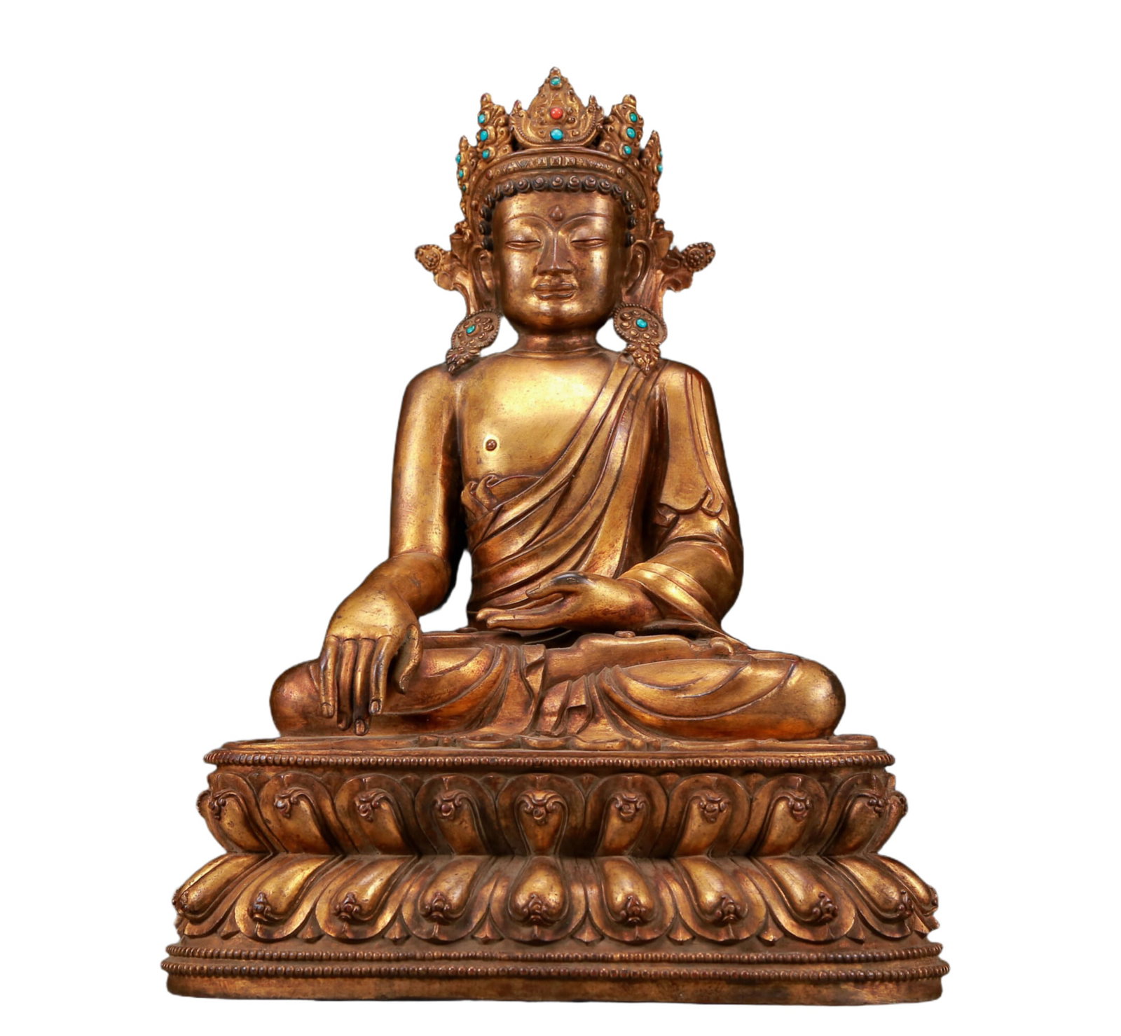 A Solemn Gilt Bronze Inlaid Turquoise Statue of Sakyamuni: A Solemn Gilt Bronze Inlaid Turquoise Statue of Sakyamuni,Ming Dynasty, China,Size:10inx7.1inx13in,Weight:6120g