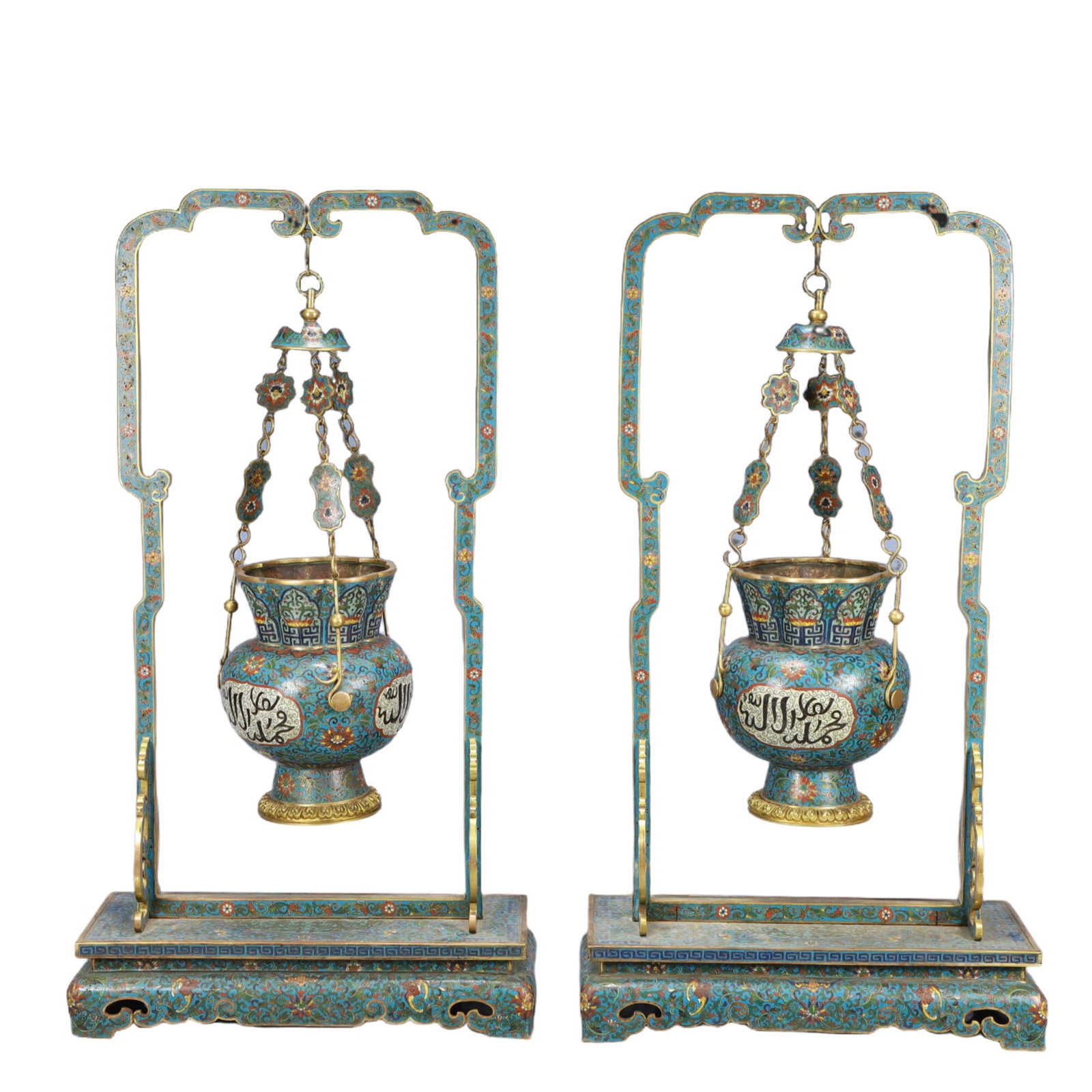 A Pair of Huge Cloisonne Lotus Pattern Censers,With Sanskrit: A Pair of Huge Cloisonne Lotus Pattern Censers,With Sanskrit,Qing Dynasty,China,Qianlong Four-character Mark,Size:13.8inx5.7inx26in,Total Weight:15500g 一对景泰蓝缠