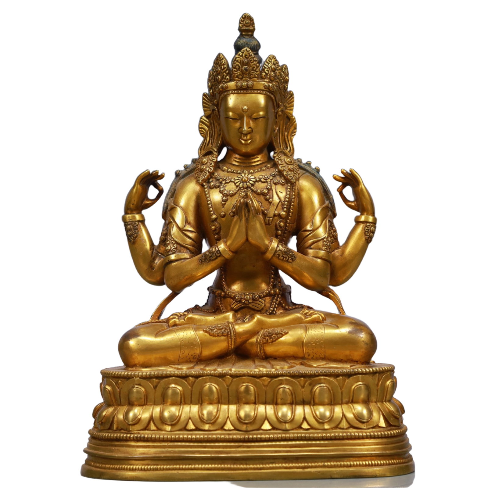 A Solemn Gilt Bronze Four-arms Buddha Statue: A Solemn Gilt Bronze Four-arms Buddha Statue,Qing Dynasty, China,Size:5.7inxcmx3.7inx8.3in,Weight:1750g 铜鎏金四臂佛像,中国清代