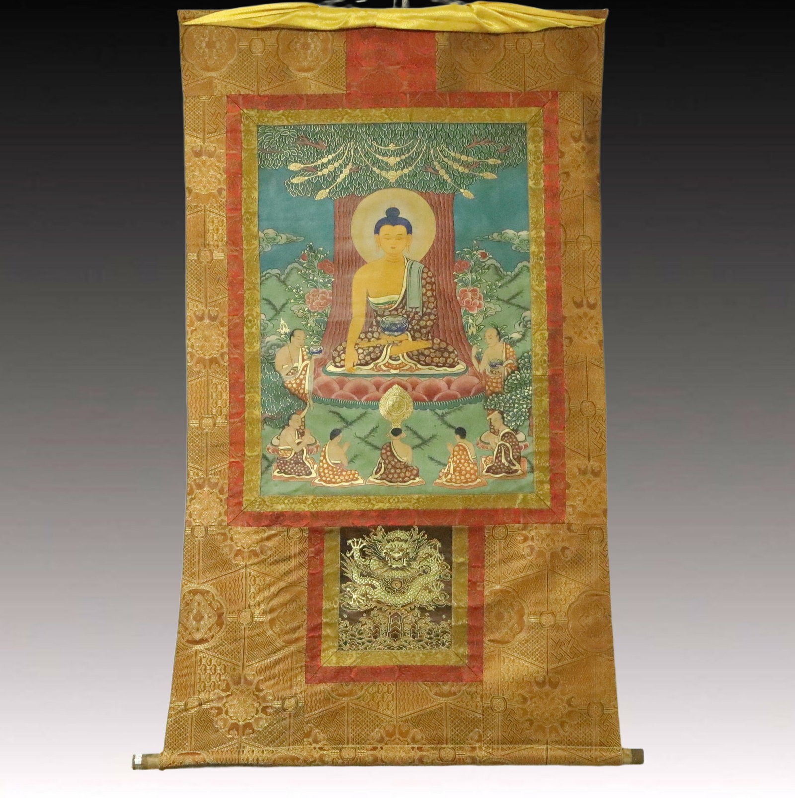 A Rare Brocade Painted Color Statue of Sakyamuni Tangka: A Rare Brocade Painted Color Statue of Sakyamuni Tangka,Qing Dynasty, China,Size:34.3inx59.8in