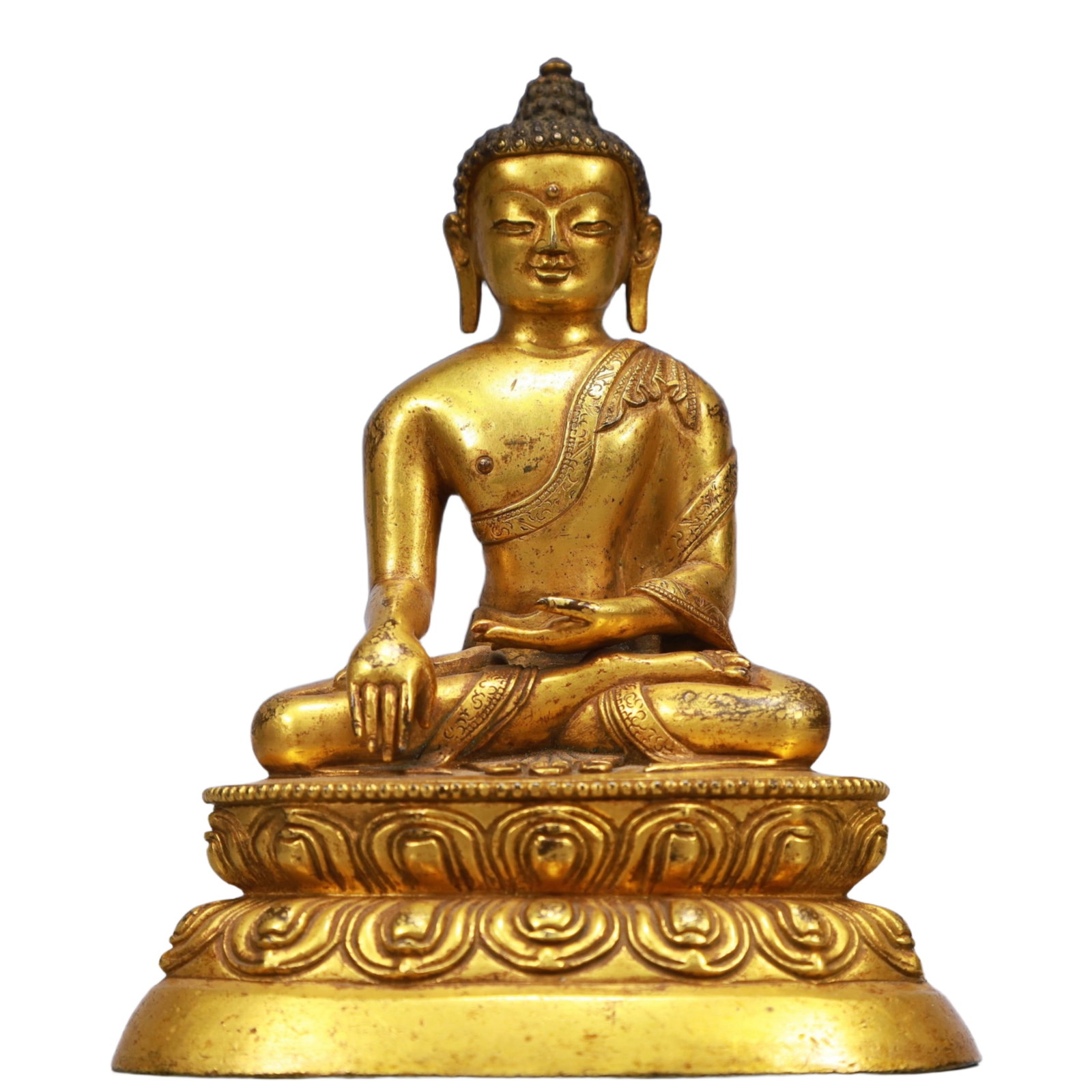 A Solemn Gilt Bronze Statue of Sakyamuni,, With Inscription: A Solemn Gilt Bronze Statue of Sakyamuni,, With Inscription,Qing Dynasty, China,Size:4.7inx3.1inx5.9in,Weight:1000g 铜鎏金释迦摩尼像,,带铭&#
