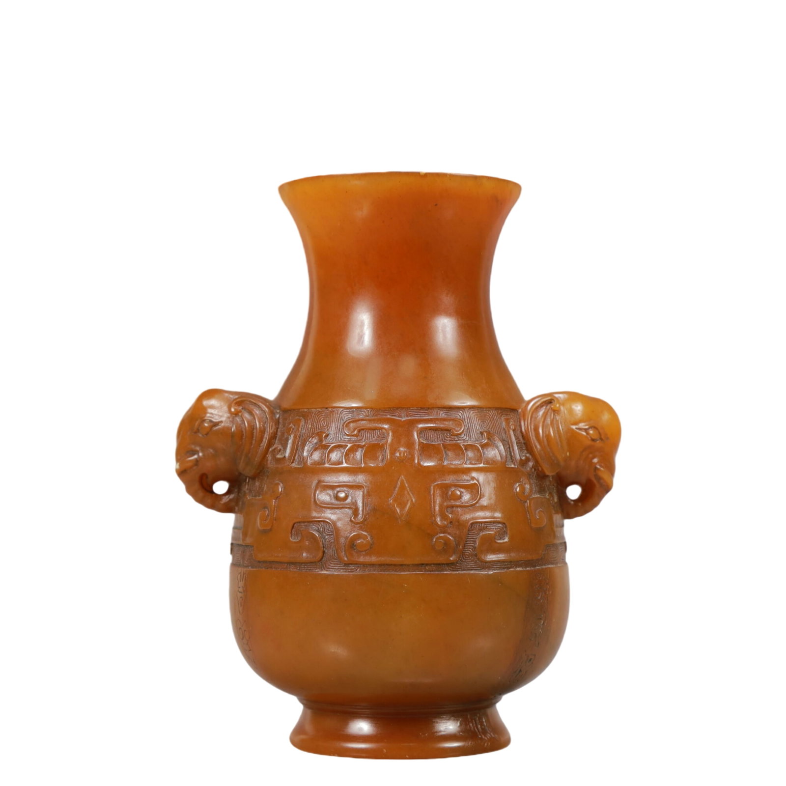 An Exquisite Shoushan Stone Beast-Face Pattern Elephant-Ears Vase: An Exquisite Shoushan Stone Beast-Face Pattern Elephant-Ears Vase,Qing Dynasty,China,Yongzheng Four-character Mark,Size:5.2inx4.1in,Weight:600g