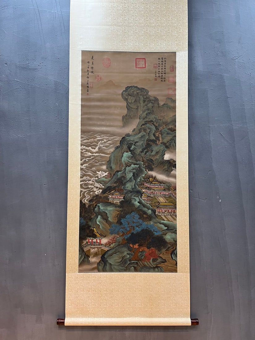 A Chinese Vertical Scroll Ink Painting of Landscape on Silk,Yuan Yao: A Chinese Vertical Scroll Ink Painting of Landscape on Silk,Yuan Yao,Size:(Without frame)56.3inx24.8in