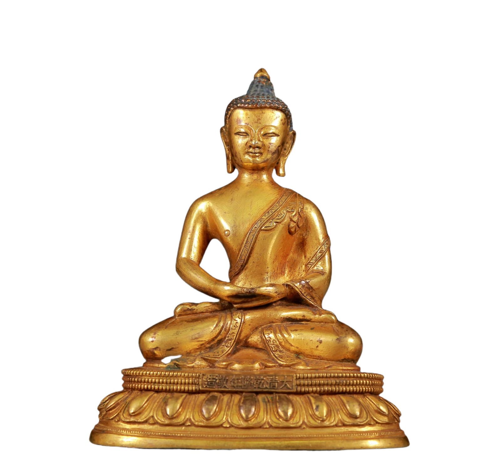 A Solemn Gilt Bronze Statue of Sakyamuni: A Solemn Gilt Bronze Statue of Sakyamuni,Qing Dynasty, China,Qianlong Seven-character Mark,Size:4.5inx3.1inx5.7in,Weight:1000g
