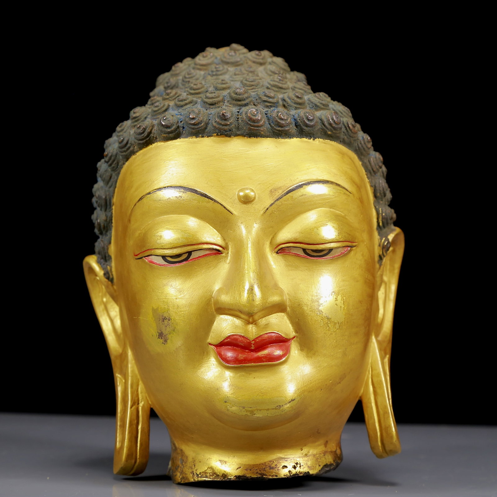 A Solemn Gilt Bronze Statue of Sakyamuni Headed: A Solemn Gilt Bronze Statue of Sakyamuni Headed,Ming Dynasty, China,Size:5.9inx8.7in,Weight:3840g 铜鎏金释迦摩尼佛头，明代