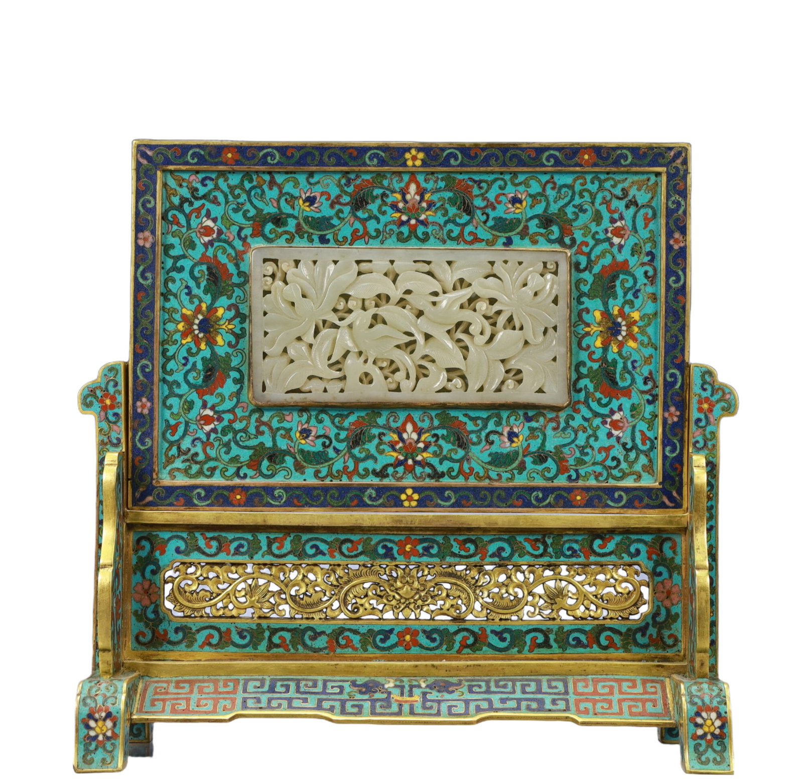 An Exquisite Cloisonne Dragon and Phoenix Pattern Table Screen,Inlaid White Jade: An Exquisite Cloisonne Dragon and Phoenix Pattern Table Screen,Inlaid White Jade,Qing Dynasty,China,Qianlong Six-character Mark,Size:10.8inx4.3inx11in,Weight:3900g 景泰蓝龙