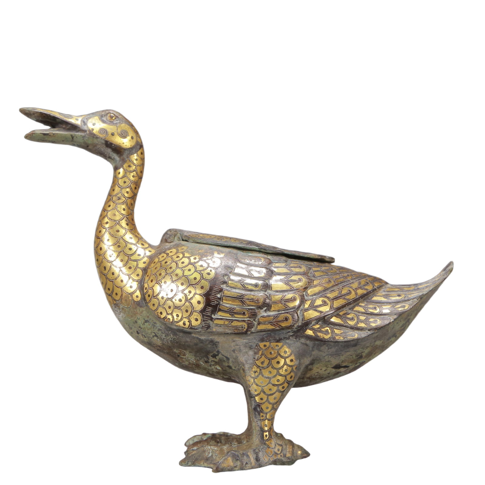 A Exquisite Gold and Silver-Inlaid Bronze Duck Ornament: A Exquisite Gold and Silver-Inlaid Bronze Duck Ornament Ancient Time, China ,Size:7.3inx2.6inx4.7in Weight:1050g 铜错金银鸭 远古时期