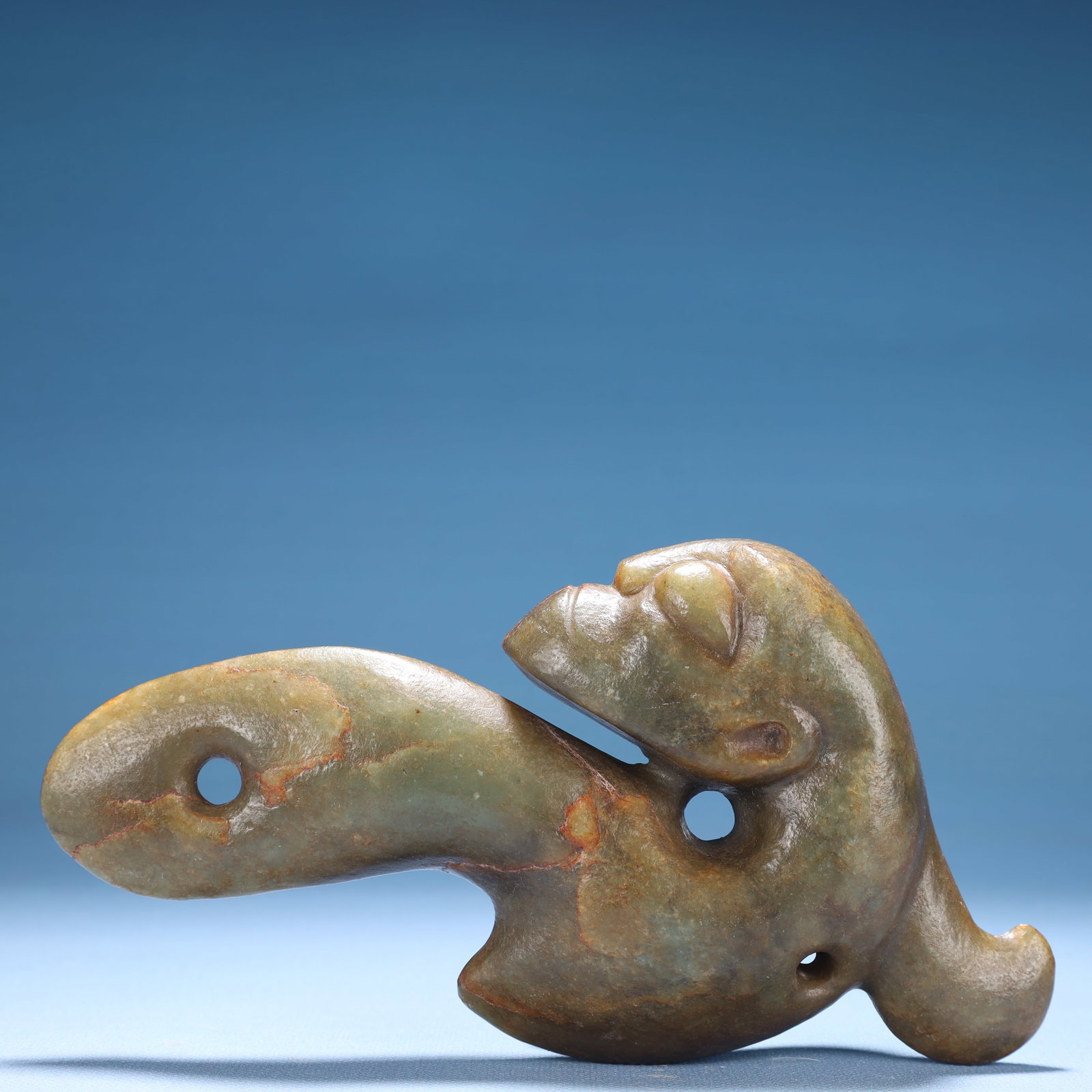 An Archaic Hongshan Culture Greenish Jade Beast Ornament: An Archaic Hongshan Culture Greenish Jade Beast Ornament,Ancient Time,China,Size:7.5inx1.6inx4.3in,Weight:600g 红山文化青白玉兽摆件,中