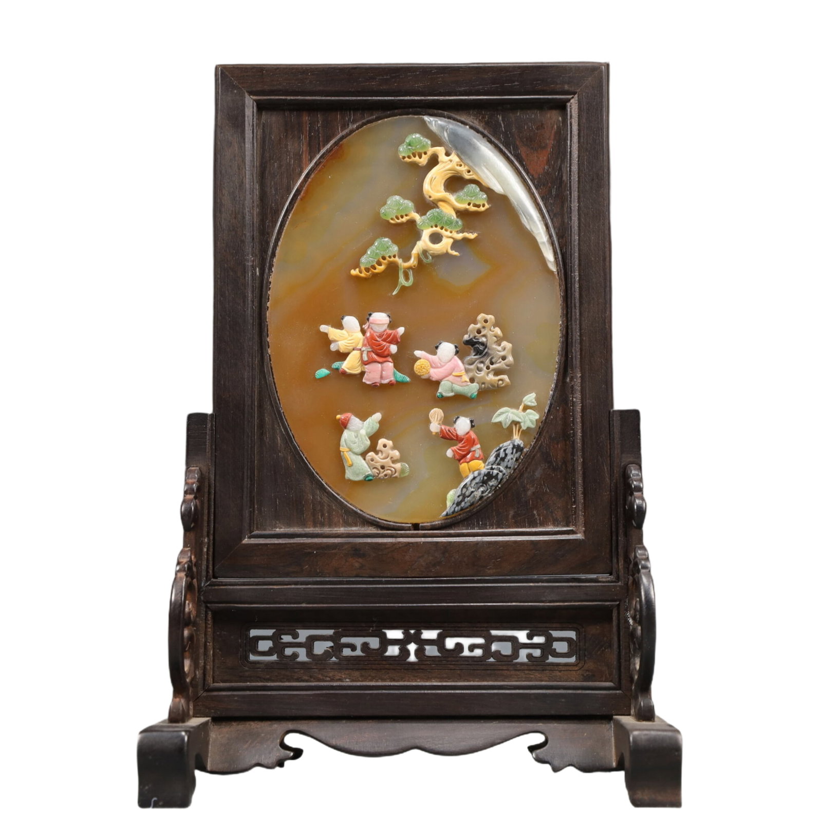 An Exquisite Agate Inlaid Gems Figure Pattern Screen: An Exquisite Agate Inlaid Gems Figure Pattern Screen,Qing Dynasty, China,Size:5.9inx3.5inx9.1in Weight:550g 玛瑙嵌百宝人物纹屏风,中