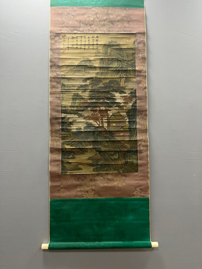 A Chinese Vertical Scroll Ink Painting of Landscape on Silk,Yan Wengui: A Chinese Vertical Scroll Ink Painting of Landscape on Silk,Yan Wengui,Size:(Without frame)35.8inx19.3in 一幅中国水墨绢本山水画立
