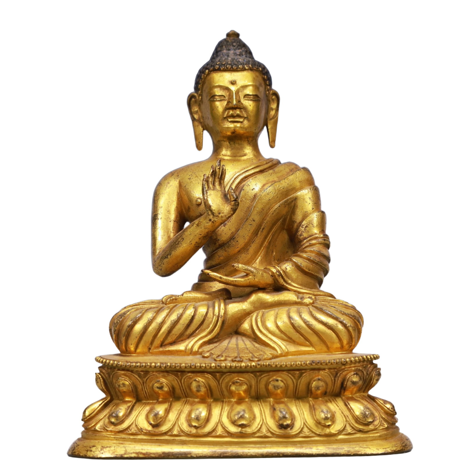 A Solemn Gilt Bronze Statue of Sakyamuni: A Solemn Gilt Bronze Statue of Sakyamuni,Qing Dynasty, China,Size:4.9inx3inx6.3in,Weight:1300g 铜鎏金释迦摩尼像,中国清代