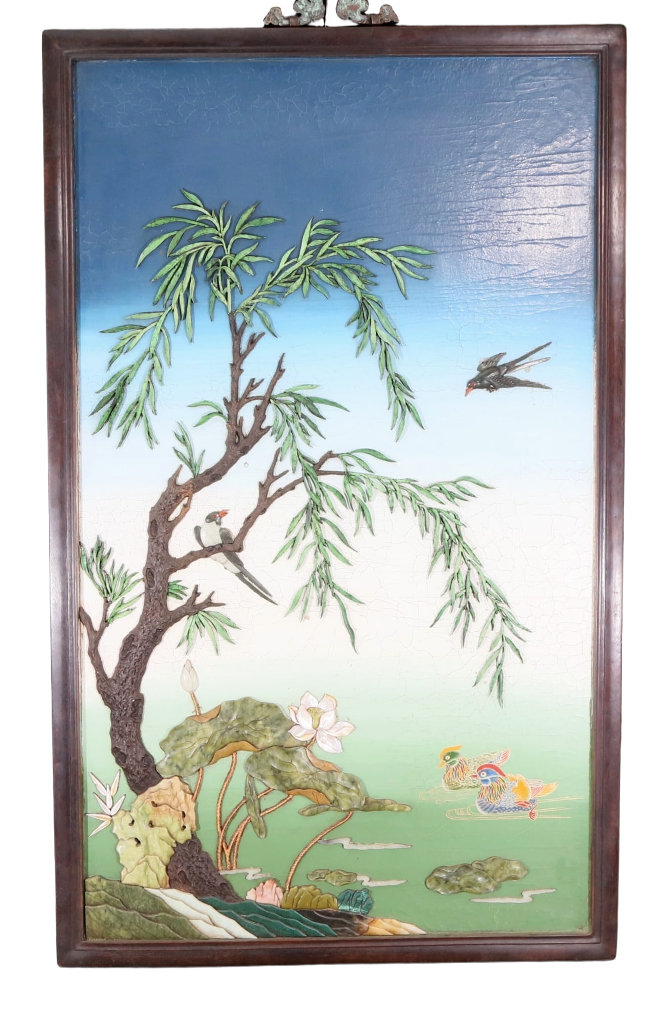An exquisite zitanwood painted and painted hanging screen with inlaid gems and landscapes, flowers: An exquisite lacquered zitanwood hanging screen with landscape, flower and bird patterns inlaid with gemstones, Qing Dynasty , China. This exquisite hanging screen is a masterpiece of art Qing Dynasty
