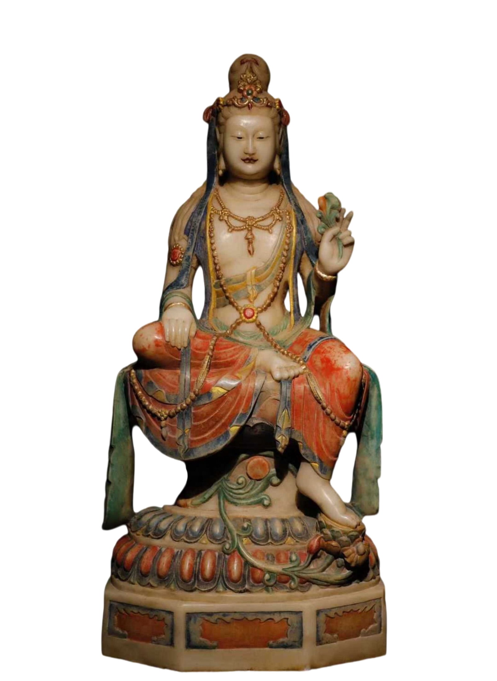 A Solemn Marble Painted Color Statue of Avalokitesvara: A Solemn Marble Painted Color Statue of Avalokitesvara,Tang Dynasty,China,Size:37.4inx18.9inx14.2in 汉白玉彩绘观音像,中国唐代
