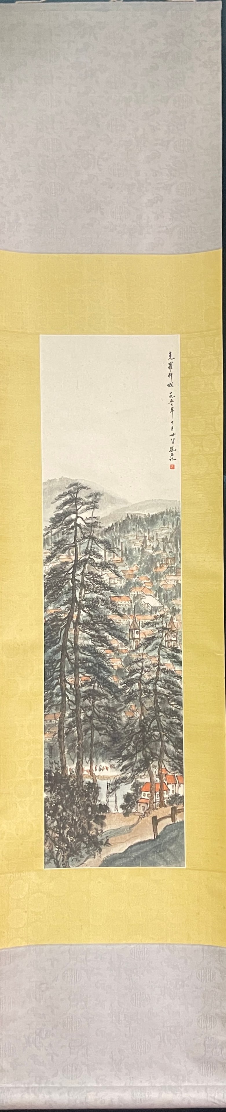 A Chinese Vertical Scroll Ink Painting of Landscape on Paper,Fu Baoshi: A Chinese Vertical Scroll Ink Painting of Landscape on Paper,Fu Baoshi,Size:11.4inx43.3in