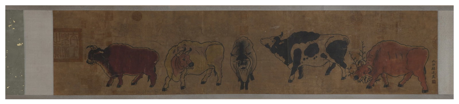 A Chinese Hand Scroll Ink Painting of Buffalo on Paper: A Chinese Hand Scroll Ink Painting of Buffalo on Paper,Han Huang,Size:11.4inx53.1in 一幅中国水墨牛画手卷,韩滉