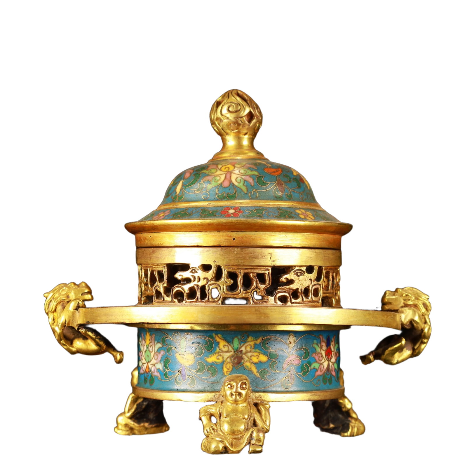 An Exquisite Cloisonne Flower Pattern Dragon-Ears Tripod Censer: An Exquisite Cloisonne Flower Pattern Dragon-Ears Tripod Censer,(A type of enamelware with metal wires separating colored glaze, originating in China),Qing Dynasty,China,Qianlong Six-character Mark,Si