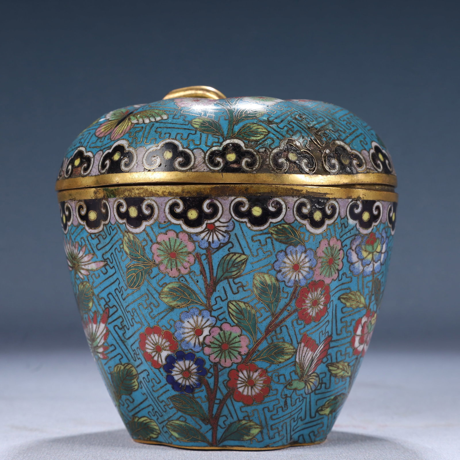 An Exquisite Cloisonne Flower and Butterfly Pattern Cover Jar: An Exquisite Cloisonne Flower and Butterfly Pattern Cover Jar,Qing Dynasty, China,Size:4.7inx5.1in,Weight:450g 景泰蓝花卉蝴蝶纹盖罐,中