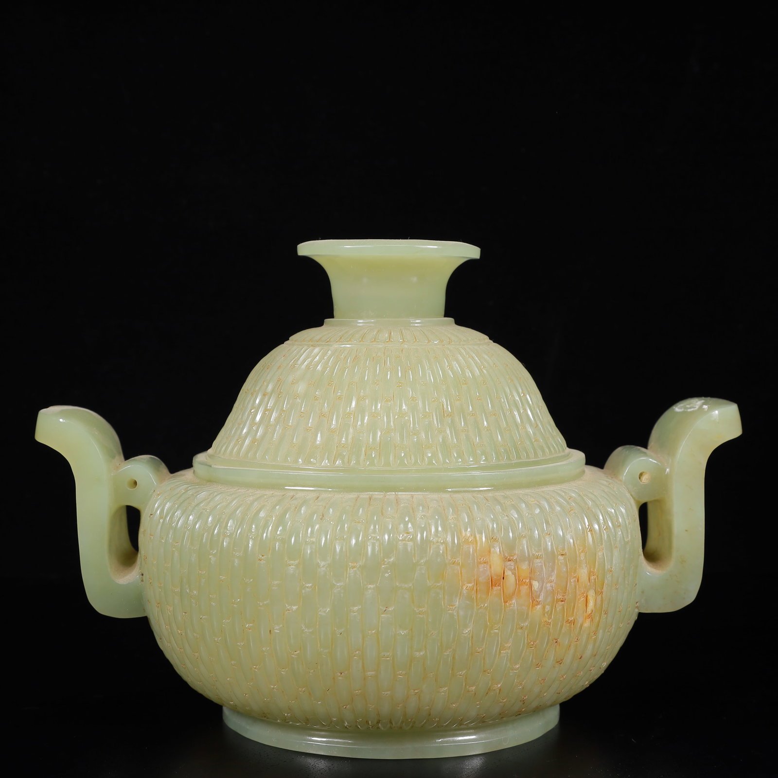 An Exquisite Yellow Jade Double-Ears Censer: An Exquisite Yellow Jade Double-Ears Censer,Qing Dynasty,China,Size:9.1inx6.7inx6.3in,Weight:1450g 黄玉双耳香炉,中国清代