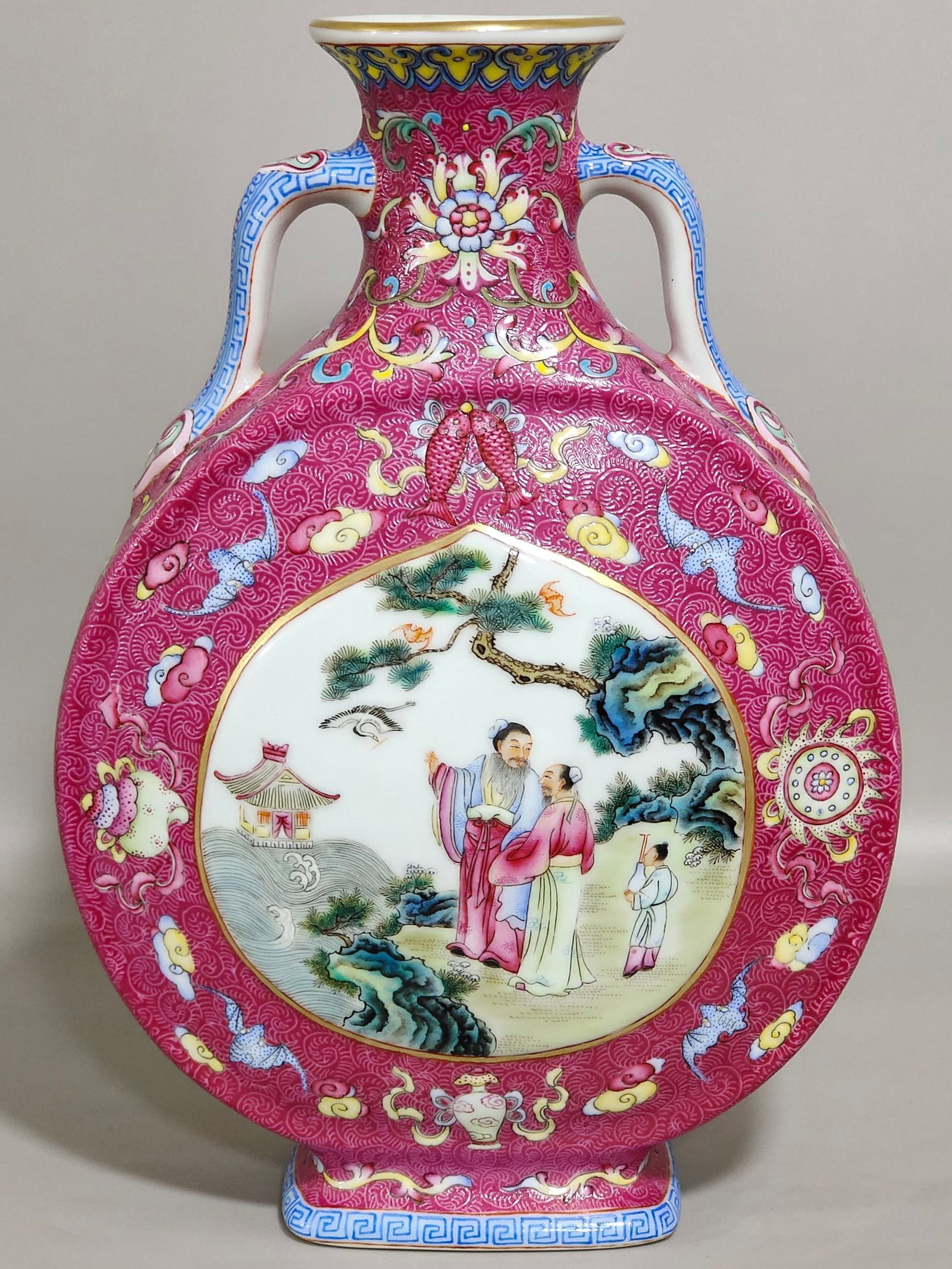An Exquisite Ruby Red-Glazed Famille-Rose Painted Gold Eight Treasures and Figure Pattern: An Exquisite Ruby Red-Glazed Famille-Rose Painted Gold Eight Treasures and Figure Pattern Double-Ears Vase,Qing Dynasty,China,Qianlong Six-character Mark,Size:9.8inx6.7in 胭脂红ŵ