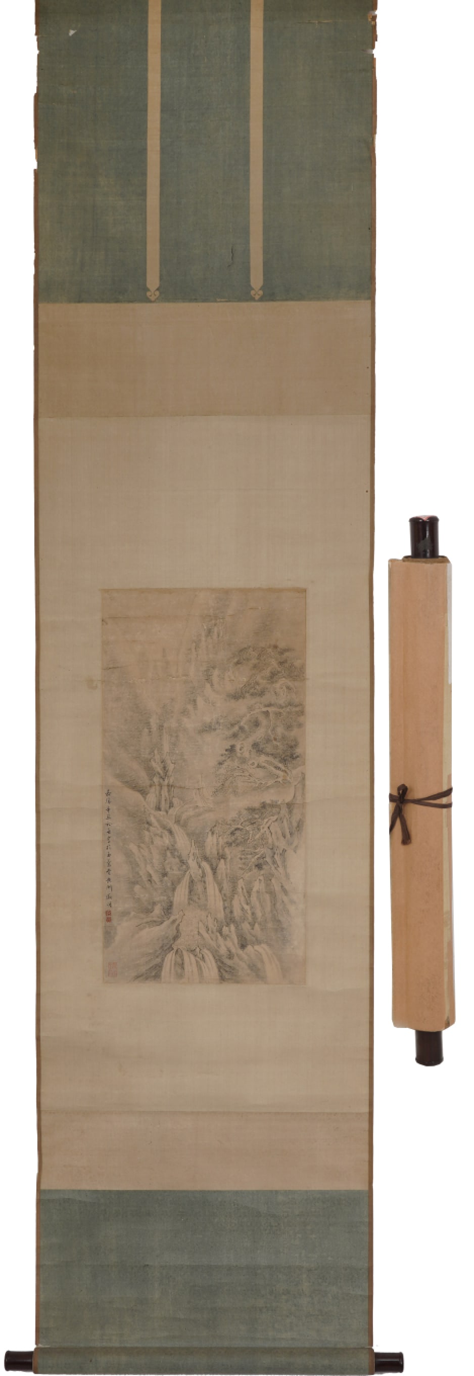 A Chinese Vertical Scroll Ink Painting of Landscape on Paper: A Chinese Vertical Scroll Ink Painting of Landscape on Paper,Wen Zhengming,Size:25.2inx13in 一幅中国水墨山水画立轴,文征