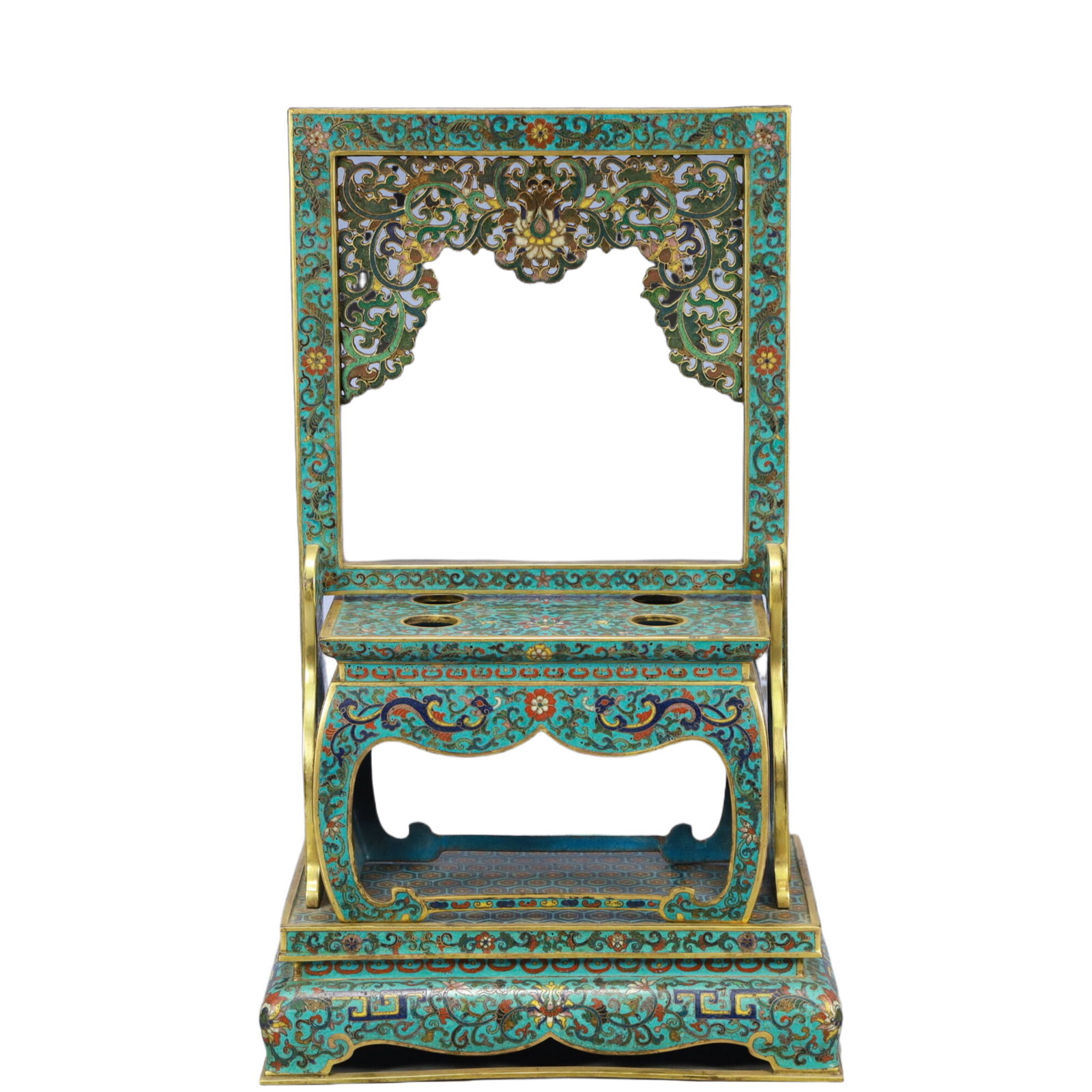 A Rare Cloisonne Lotus Pattern Ornament: A Rare Cloisonne Lotus Pattern Ornament,Qing Dynasty,China,Qianlong Six-character Mark,Size:9.4inx6.7inx15.7in,Weight:5250g 景泰蓝缠枝莲纹摆件,