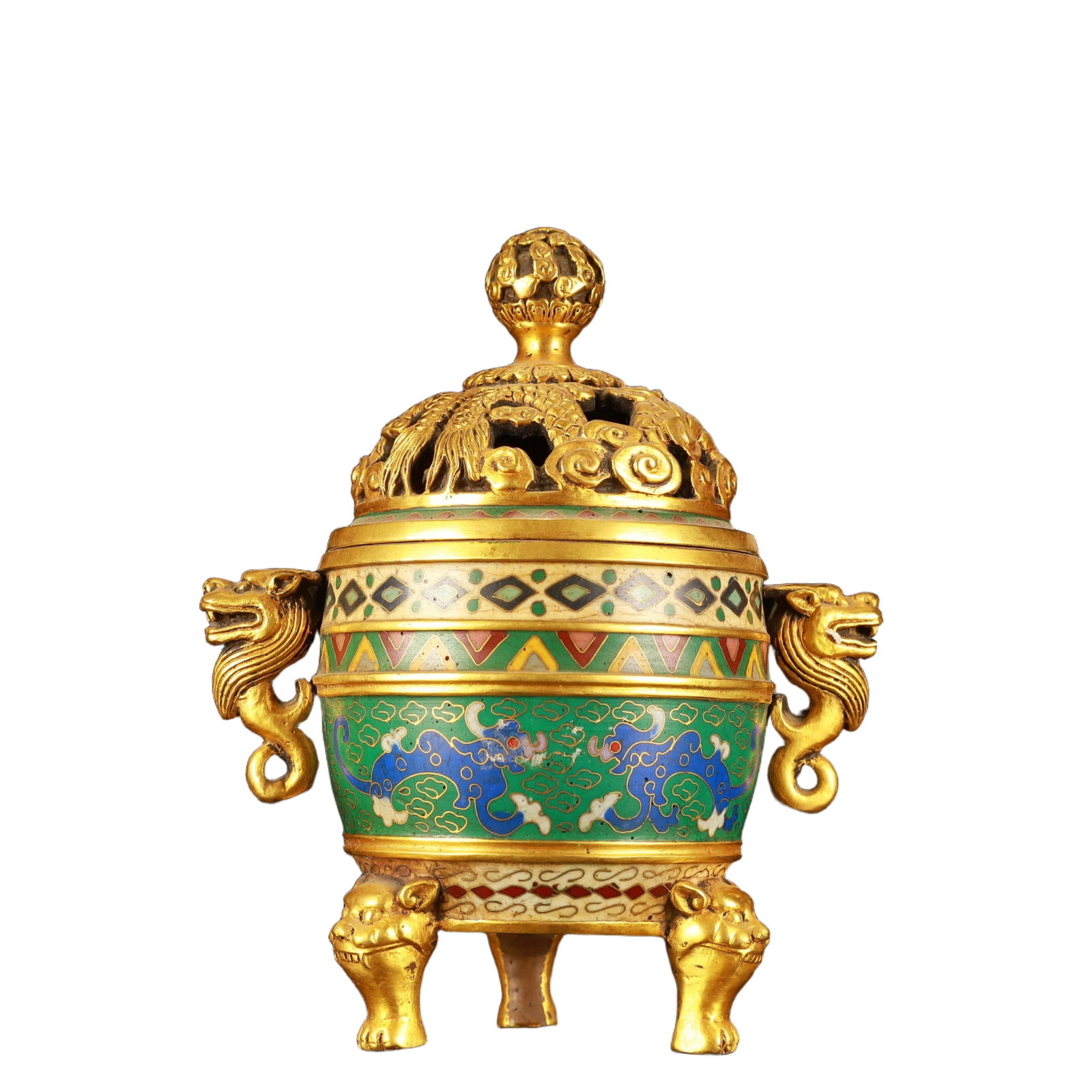 An Exquisite Cloisonne Dragon Pattern Double-Ears and Beast-Legs Censer: An Exquisite Cloisonne Dragon Pattern Double-Ears and Beast-Legs Censer,(A type of enamelware with metal wires separating colored glaze, originating in China),Qing Dynasty,China,Qianlong Six-character