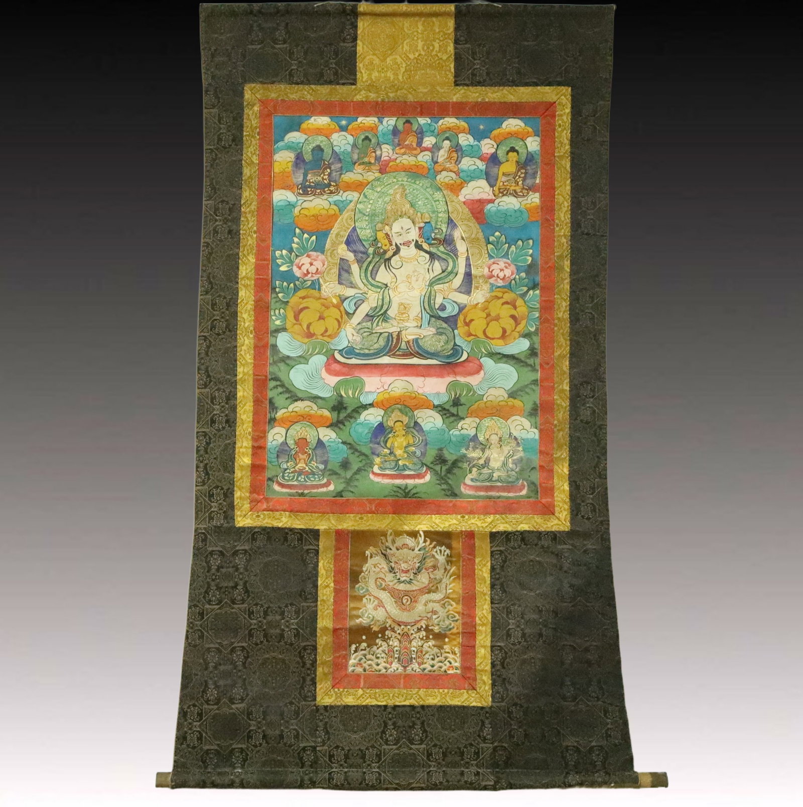 A Rare Brocade Painted Color Statue of Gautama??s Mother Tangka: A Rare Brocade Painted Color Statue of Gautama’s Mother Tangka,Qing Dynasty, China,Size:35.4inx61.4in