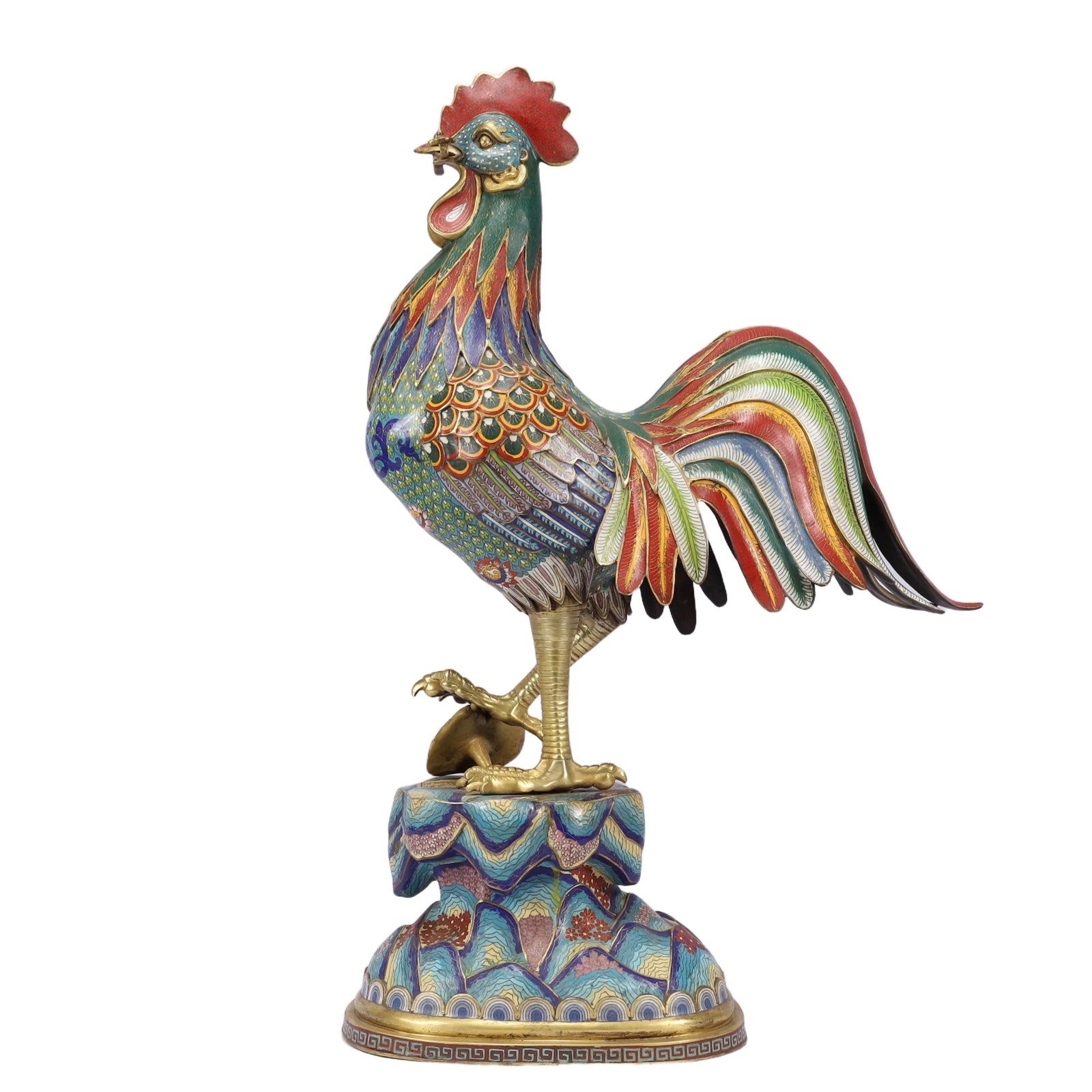 A Huge Cloisonne Dragon Pattern Rooster Ornament: A Huge Cloisonne Dragon Pattern Rooster Ornament,Qing Dynasty, China,Qianlong Four-character Mark,Size:18.1inx7.5inx29.5in,Weight:17800g 景泰蓝龙纹公鸡摆